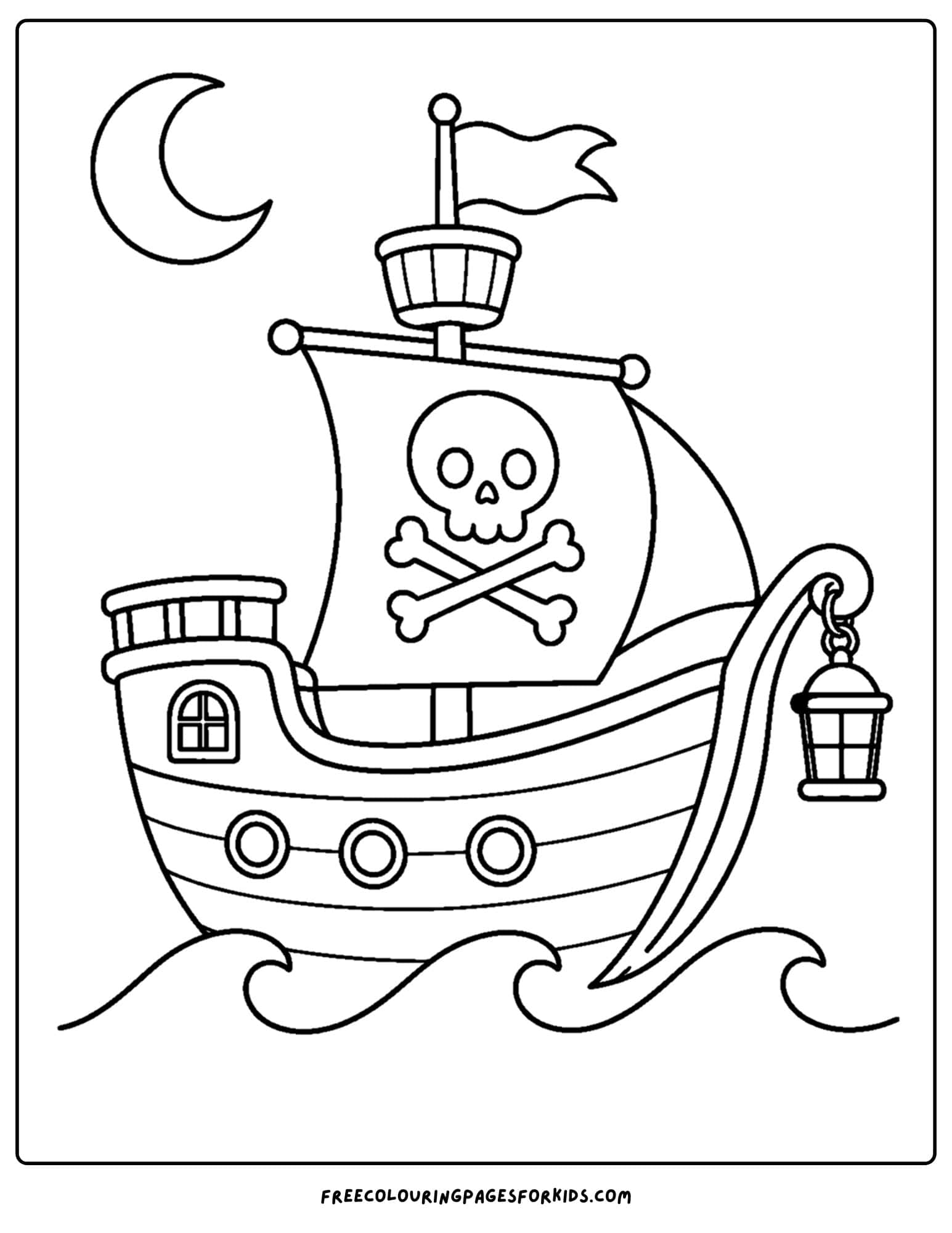a coloring page of a pirate ship sailing under the moonlight