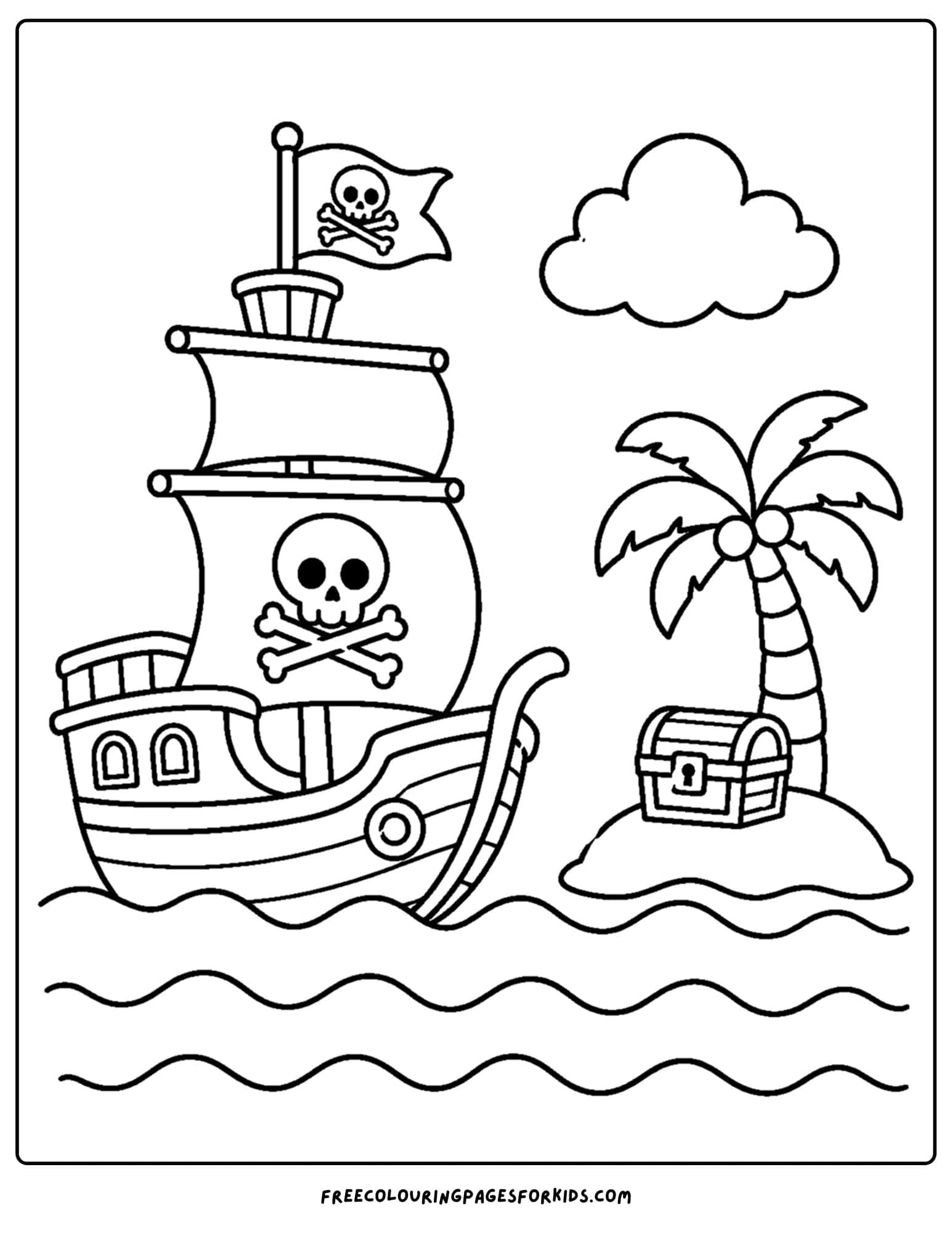 a coloring page of a pirate ship near an island with a treasure chest on it