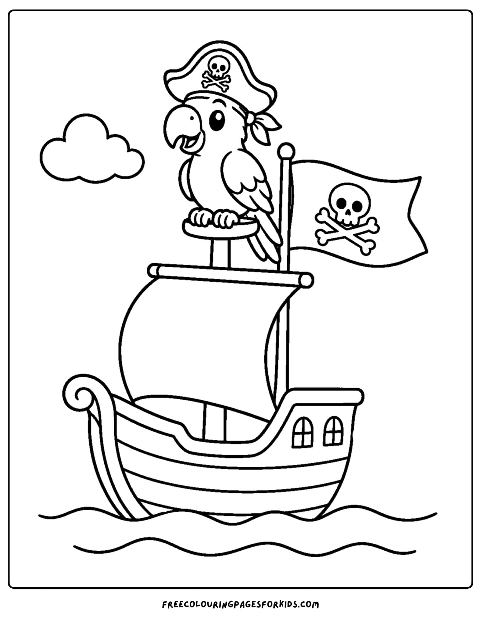 a coloring page of a pirate ship with a parrot sitting on the ships mast