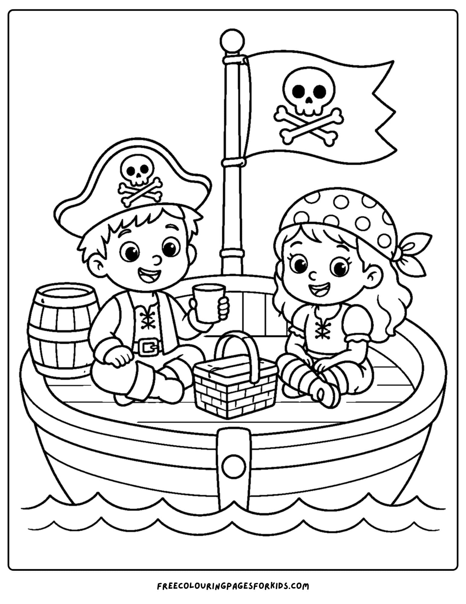 a coloring page of a pirate ship with pirates having a picnic on the deck
