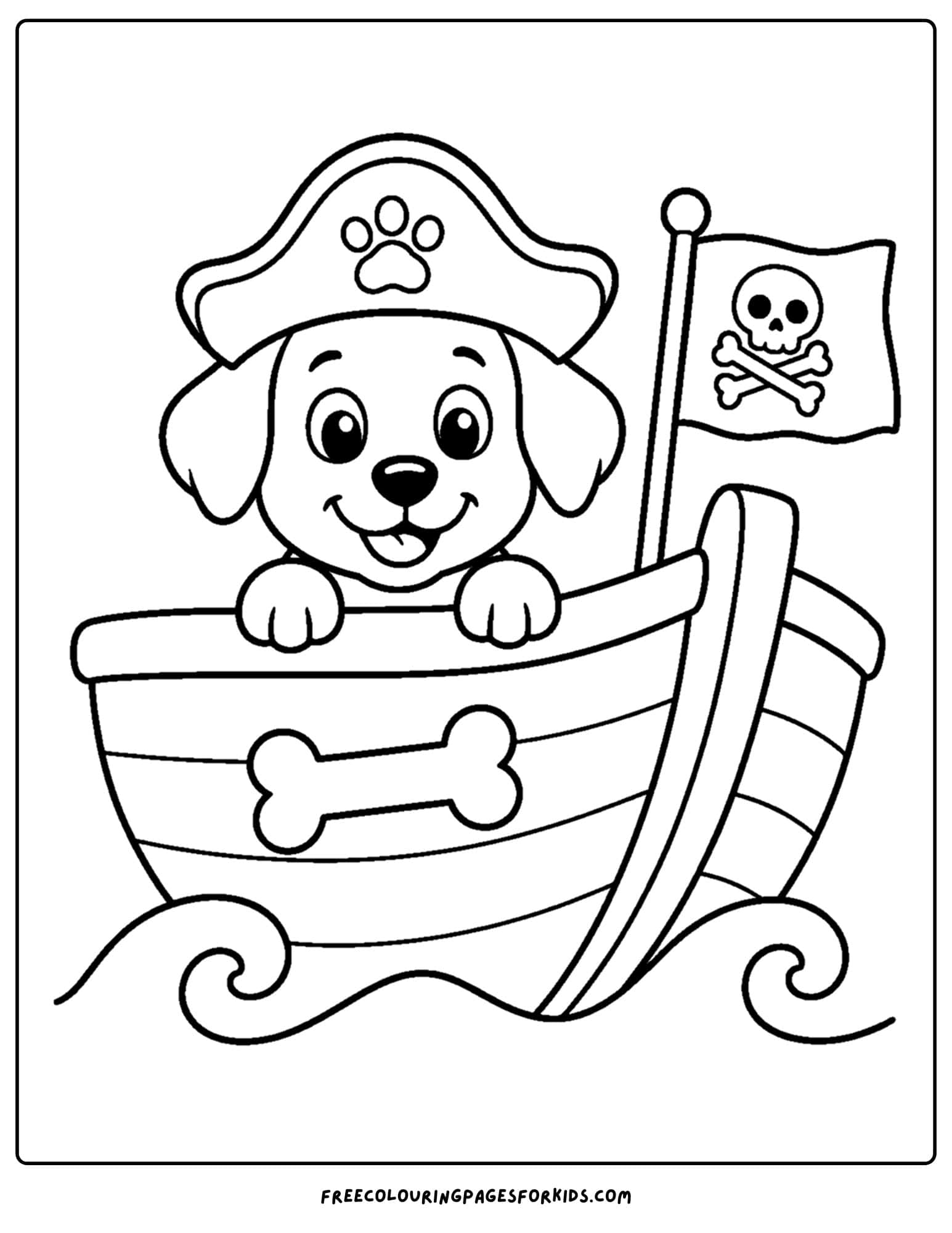 a coloring page of a pirate ship with a puppy dog wearing a pirate hat