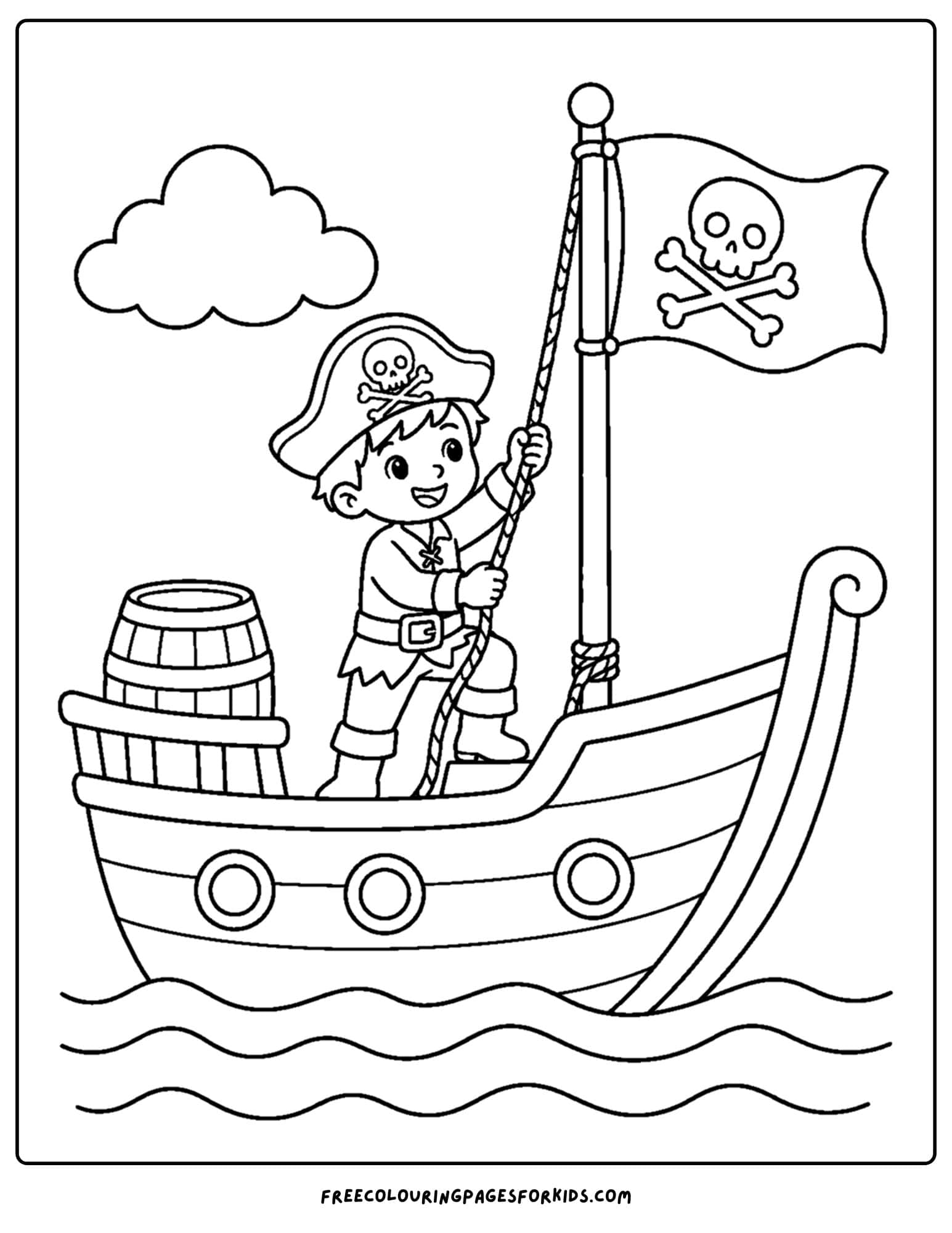 a coloring page of a pirate ship with a pirate raising a flag