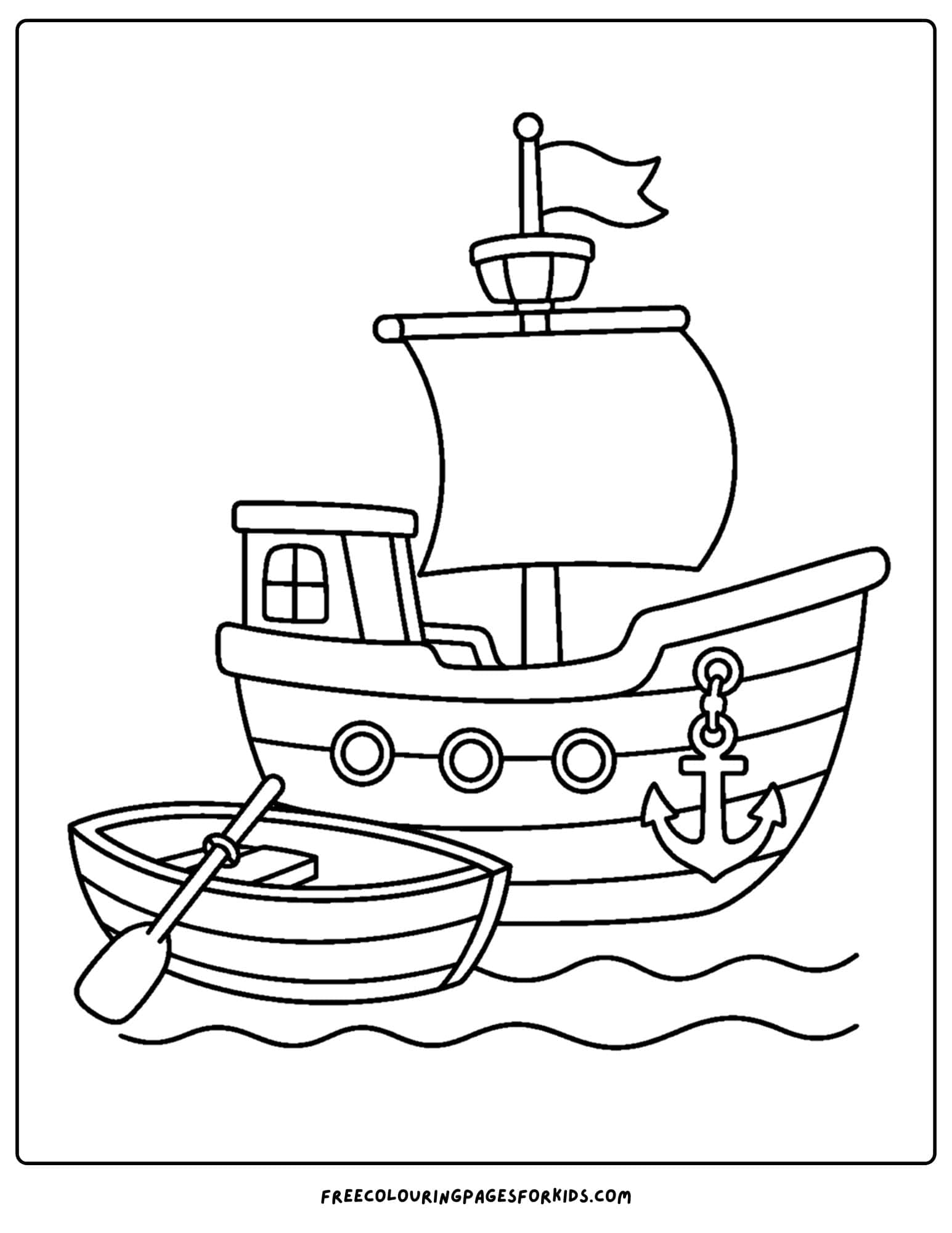 a coloring page of a pirate ship with a rowboat beside it