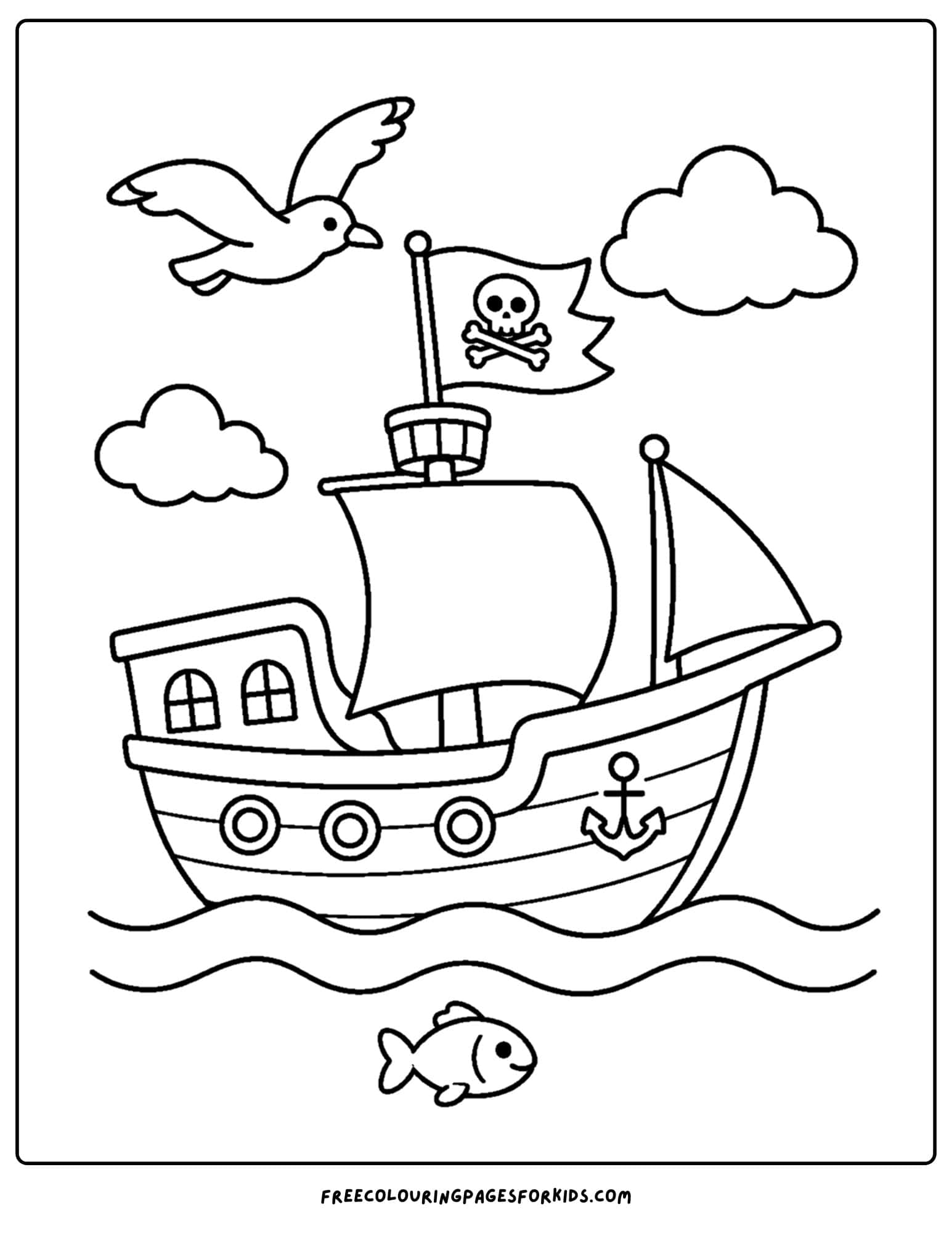 a coloring page of a pirate ship with seagulls flying overhead
