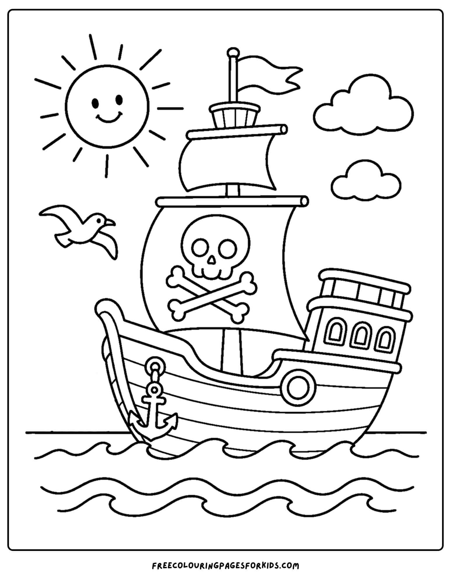 a coloring page of a pirate ship sailing under the sun