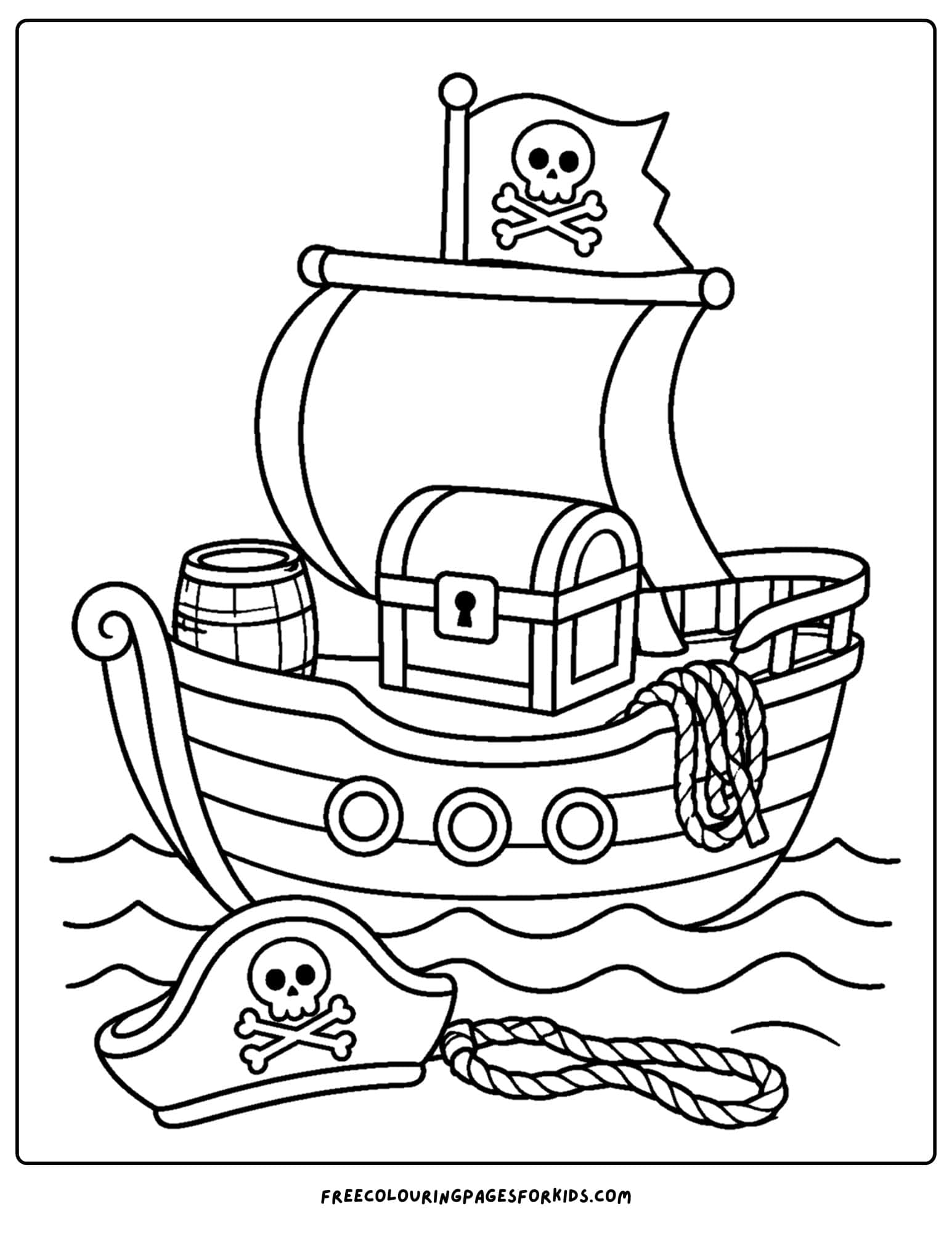 a coloring page of a pirate ship with a treasure chest onboard