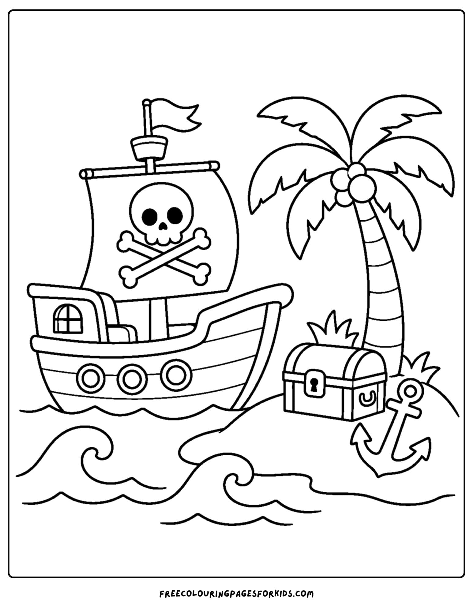 a coloring page of a pirate ship stopped at an island with burried treasure
