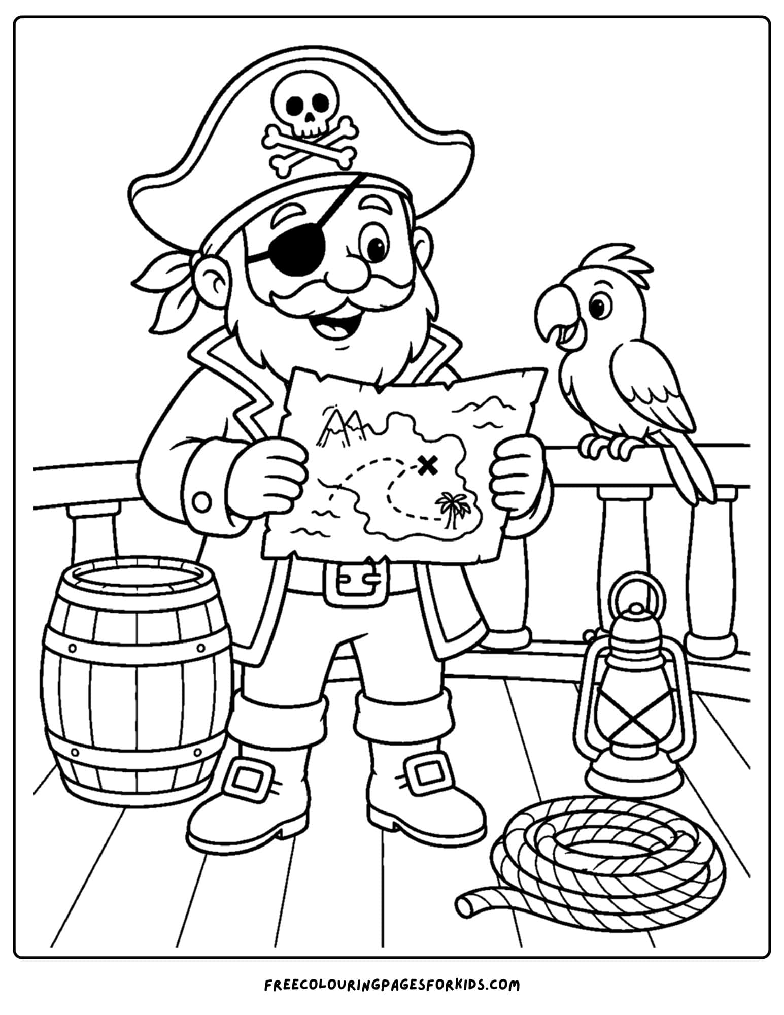 a coloring page of a pirate ship with a pirate on the deck holding a map