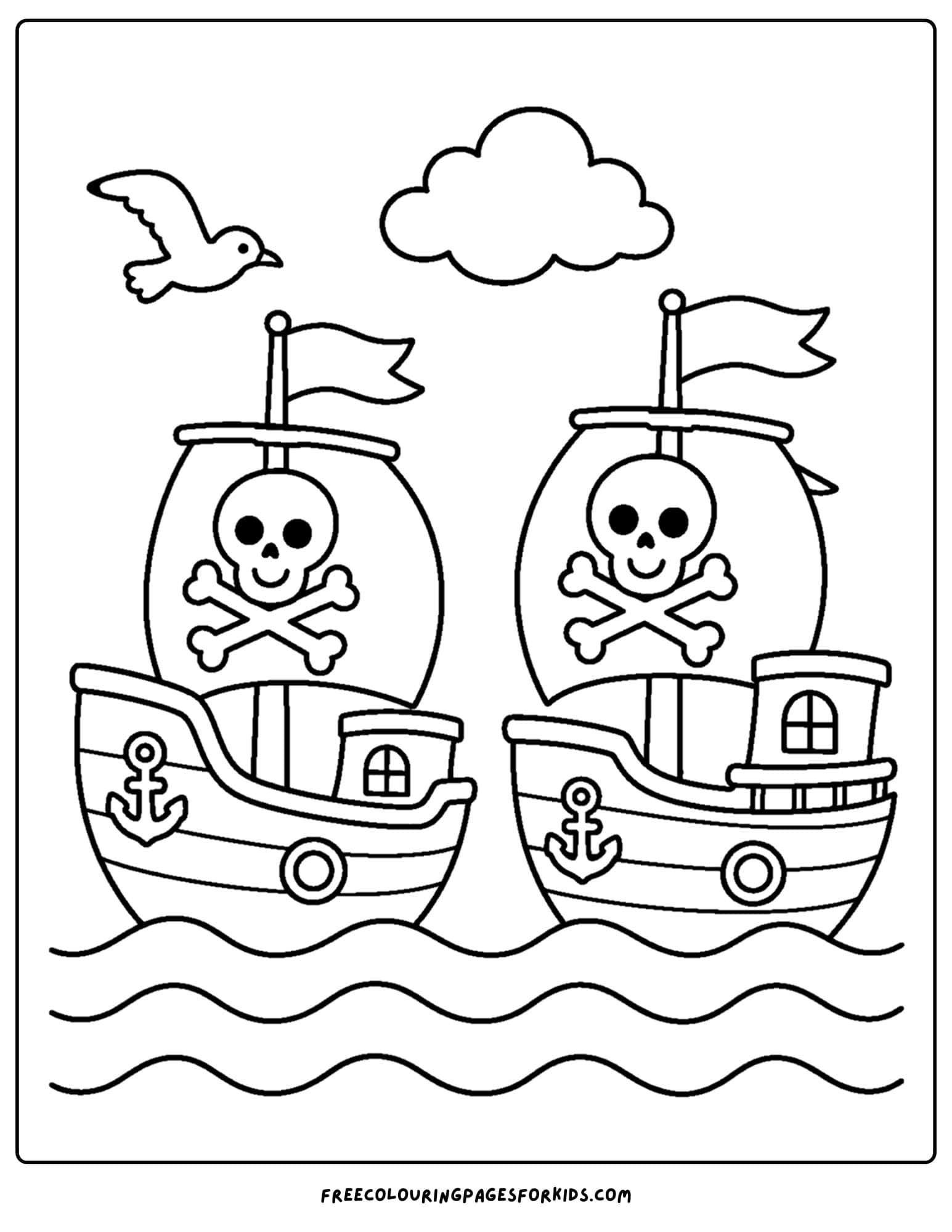 a coloring page of a pirate ship racing another pirate ship