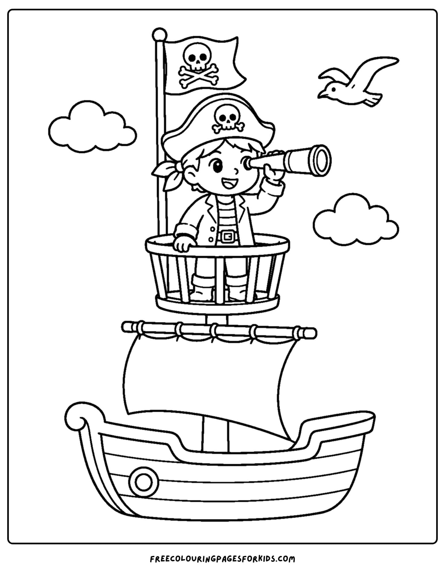a coloring page of a pirate ship with a pirate in the crows nest