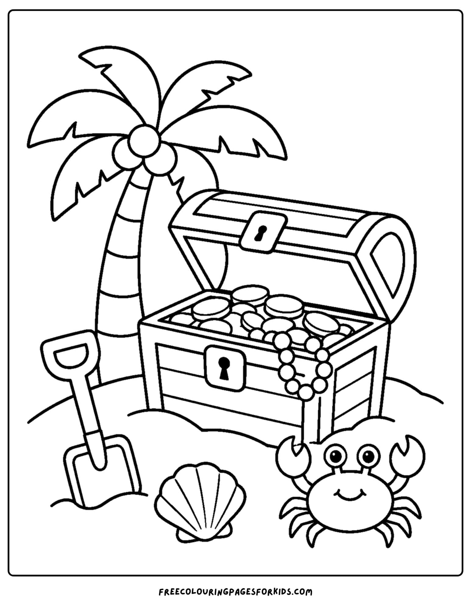 a pirate coloring page showing a chest of burried treasure on the beach