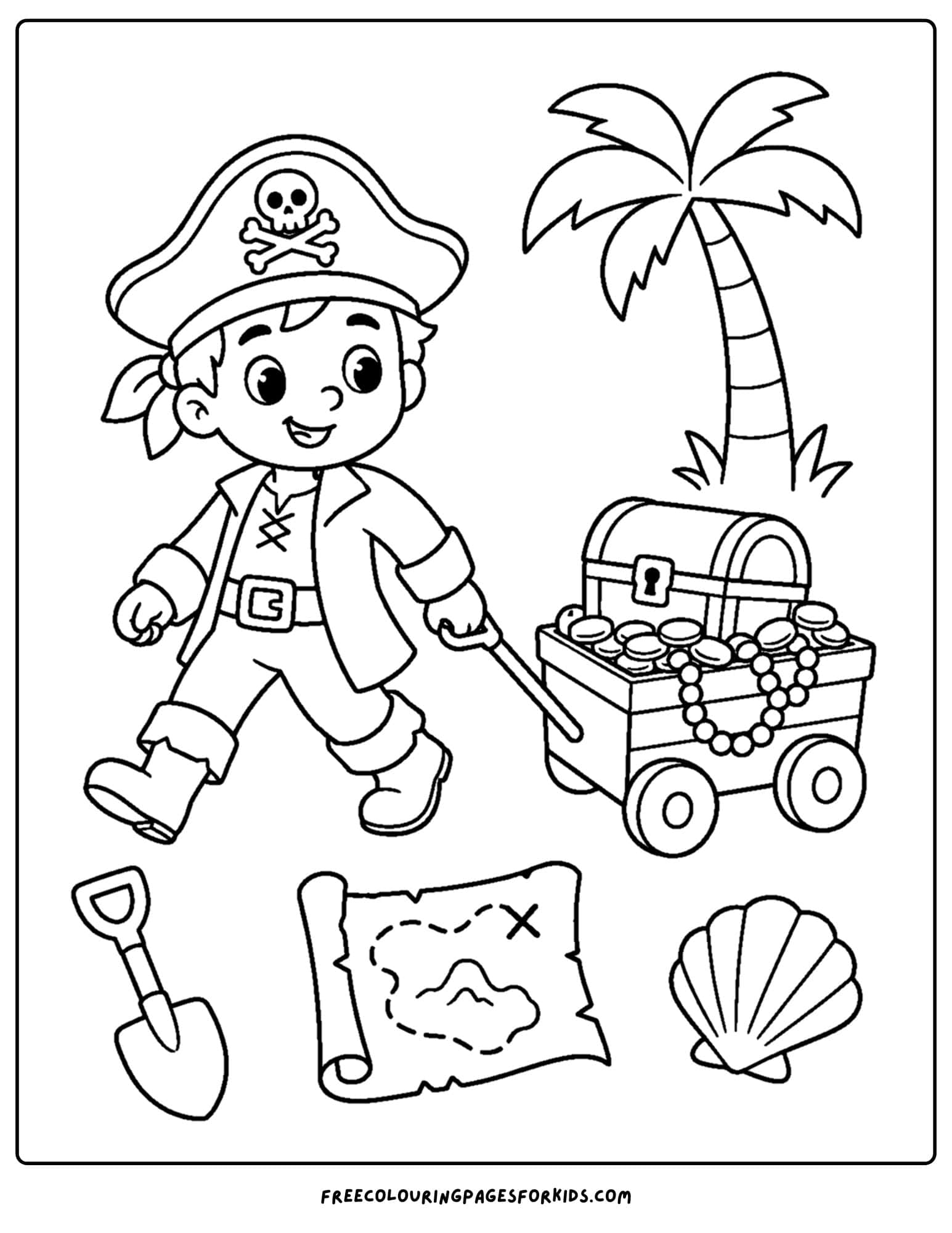 a pirate coloring page showing a pirate pulling their treasure on a cart