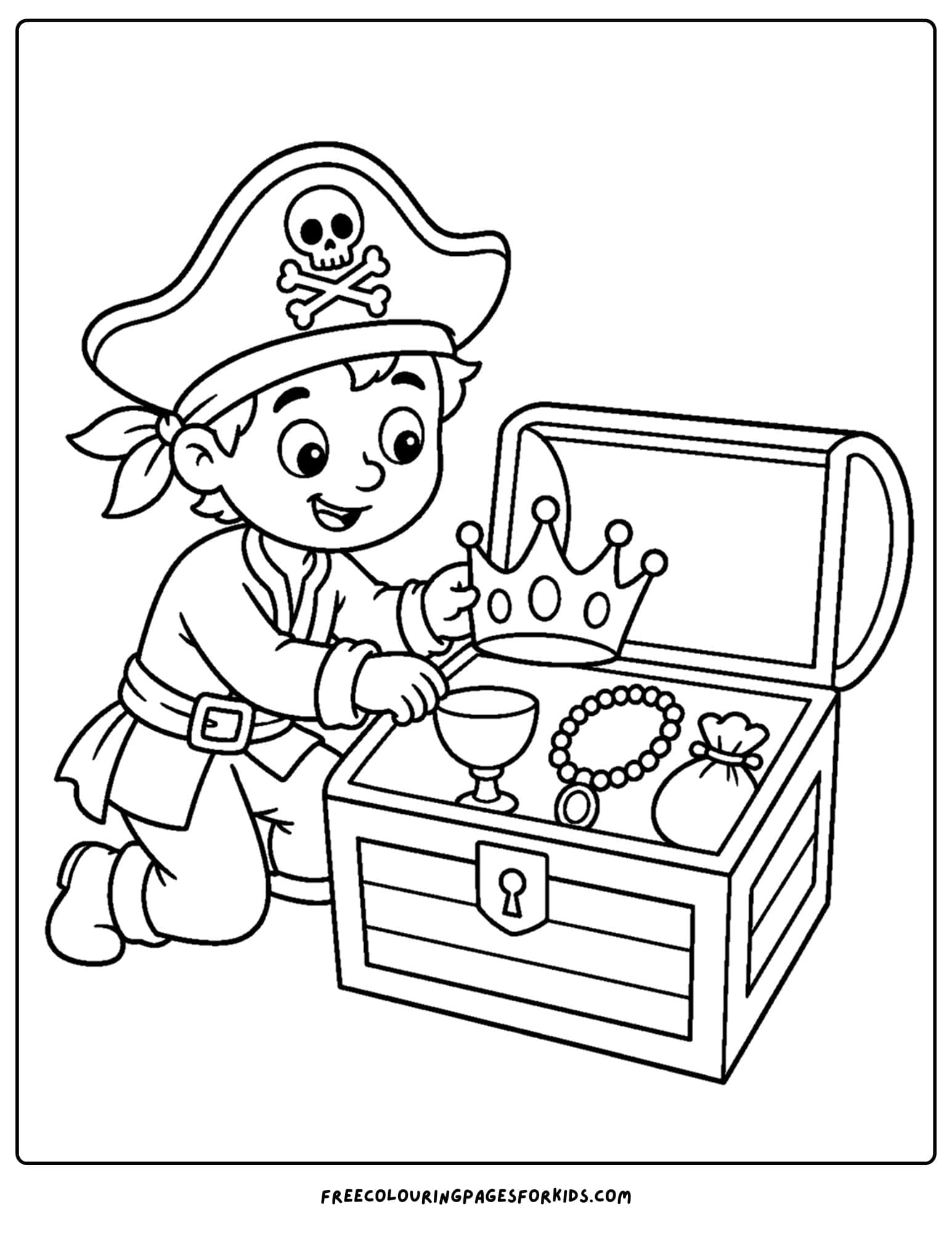 a pirate coloring page showing a pirate sorting their treasure chest