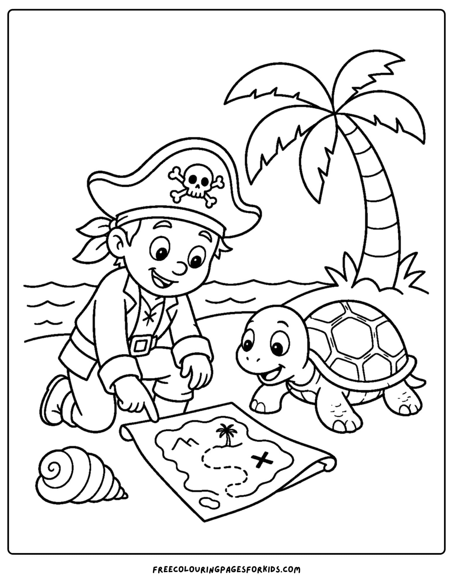 a pirate coloring page showing a pirate reading a map with a turtle on a beach