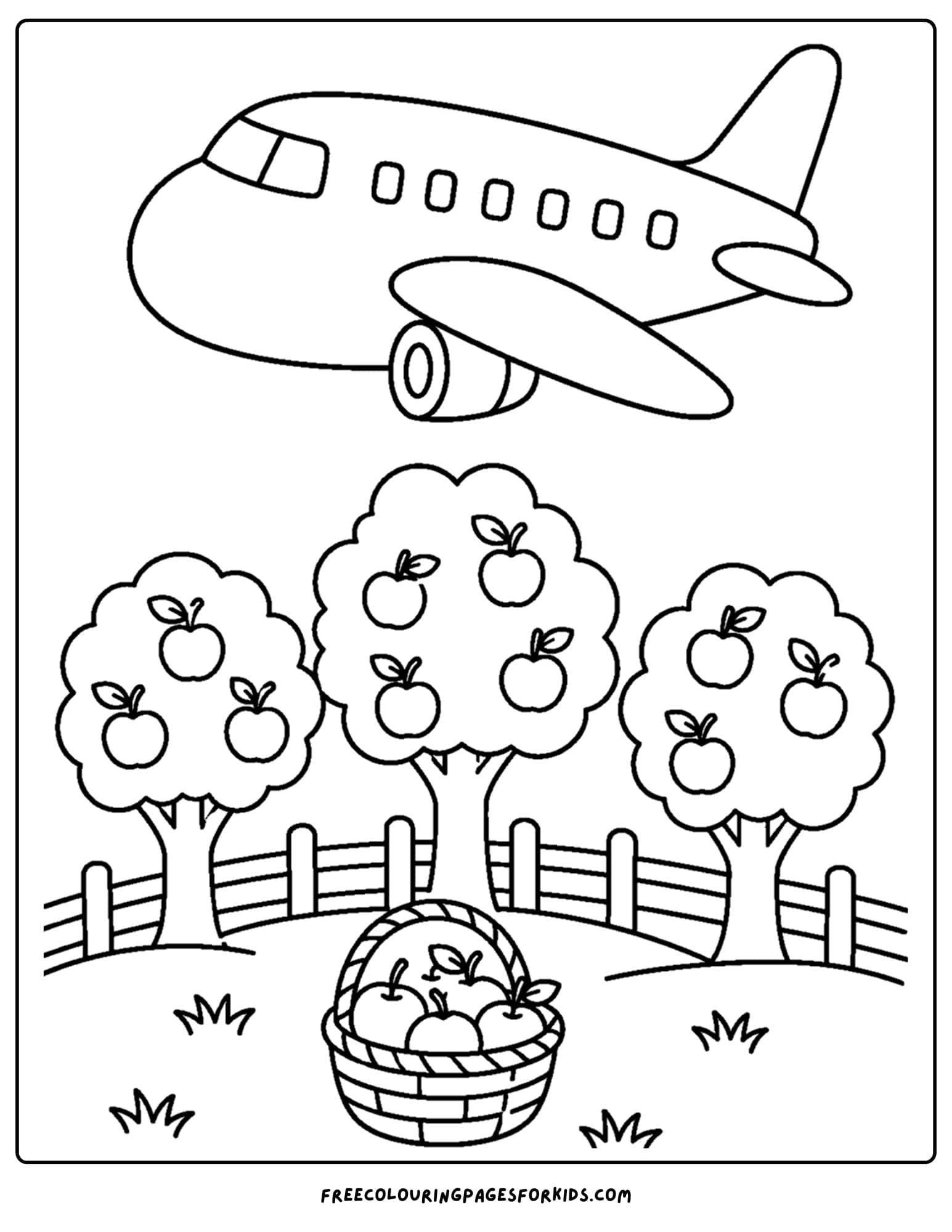 a coloring page of a plane flying over an apple orchard