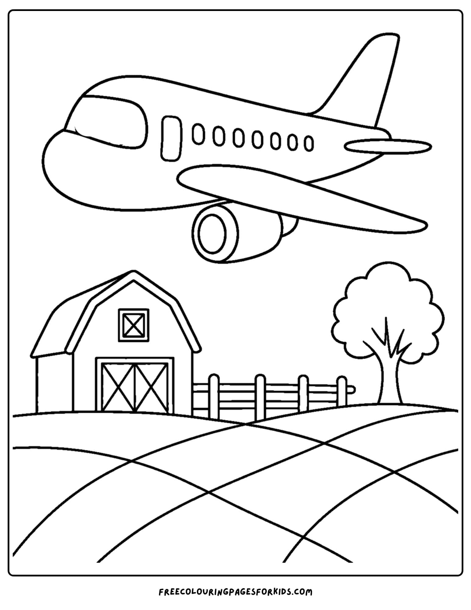 a coloring page of a plane flying over a barn and farm fields