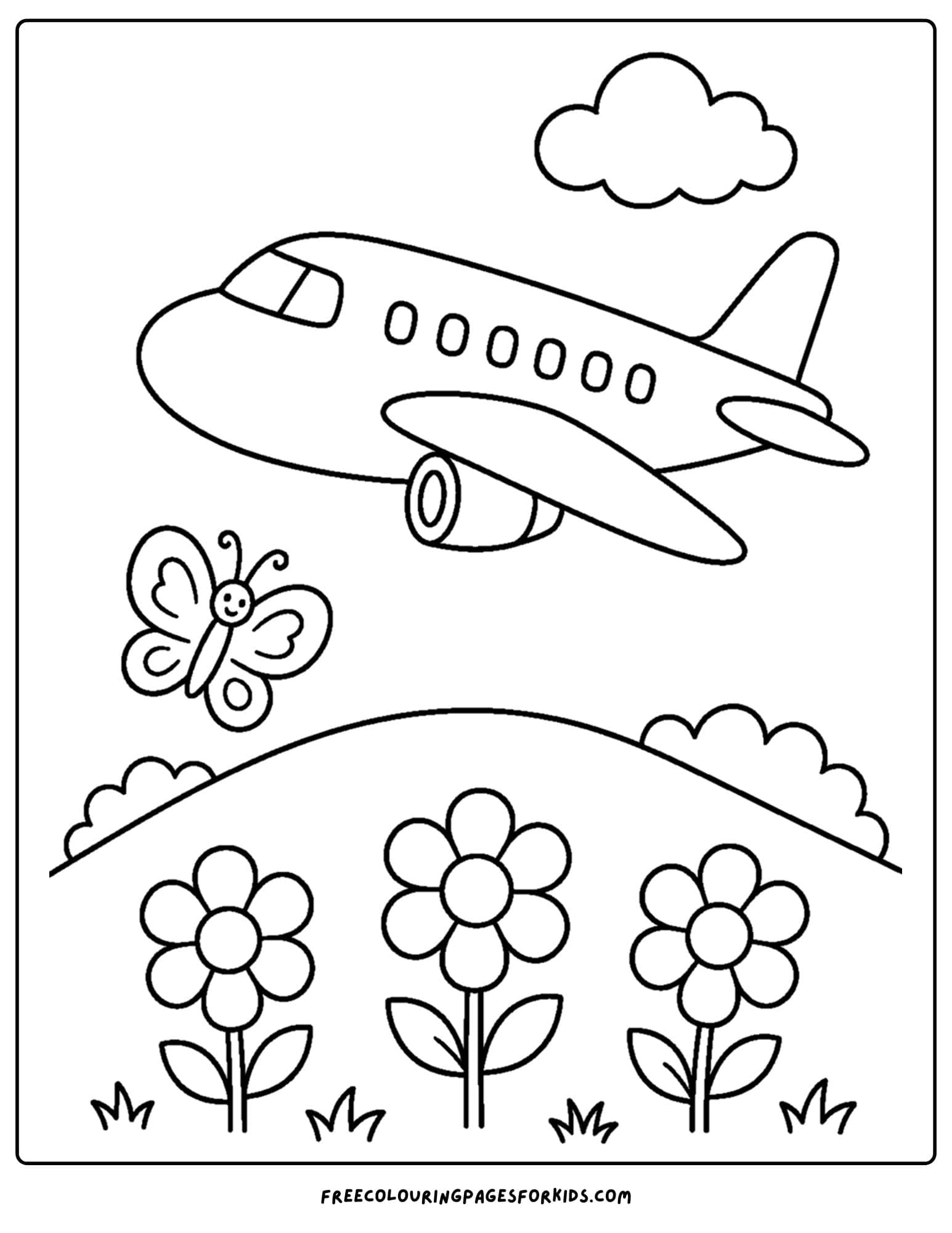 a coloring page of a plane flying over a flower meadow