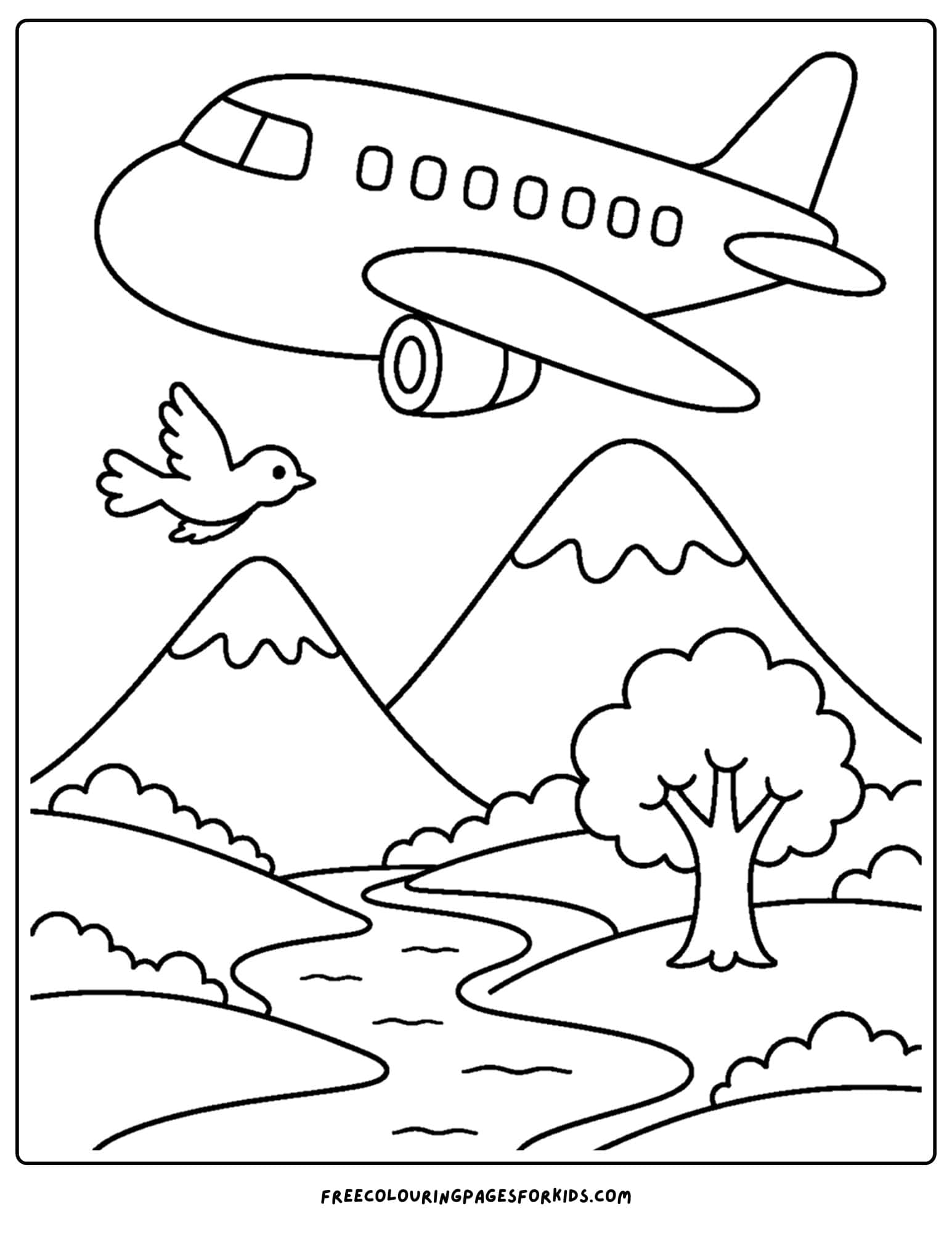 a coloring page of a plane flying over a river and valley