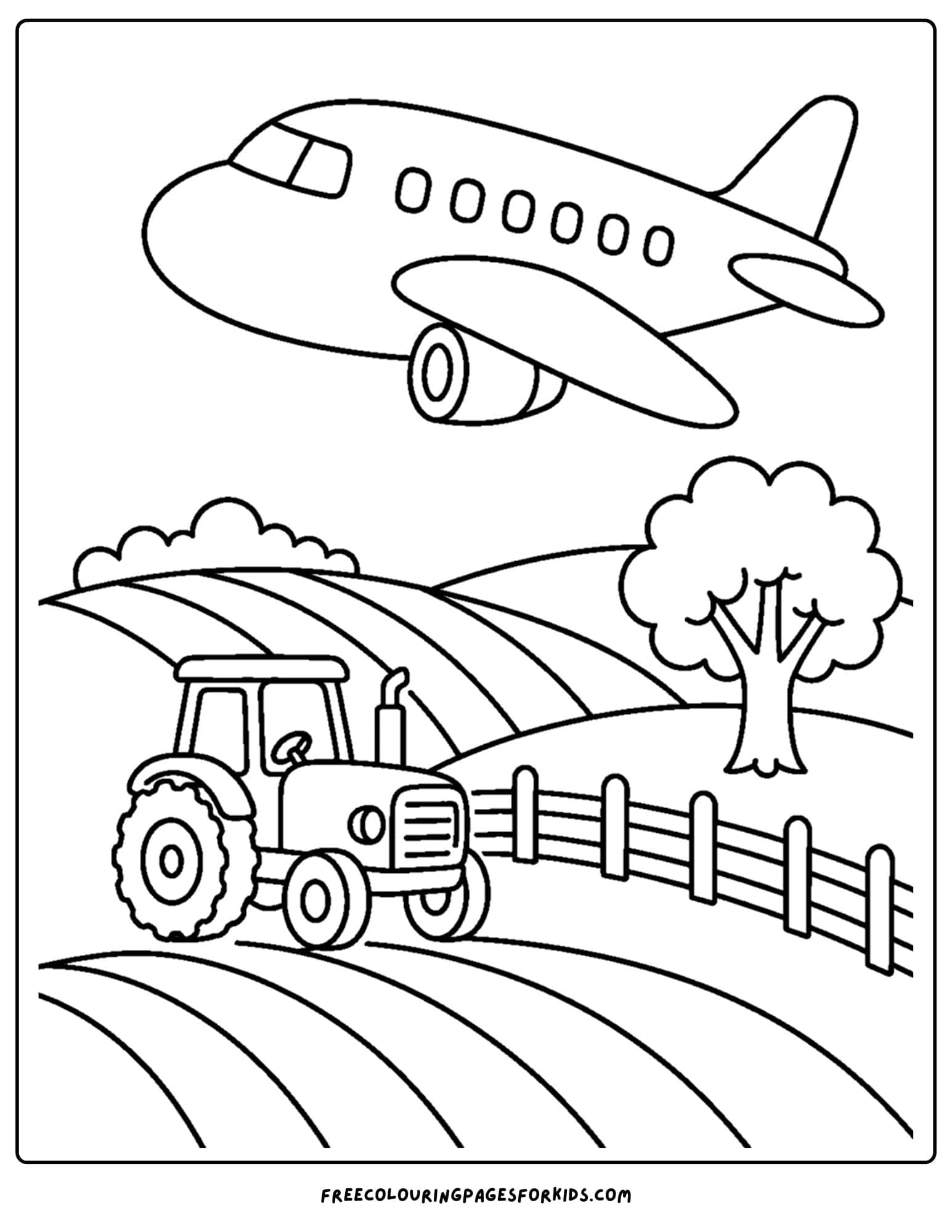 a coloring page of a plane flying over rolling hills on a farm
