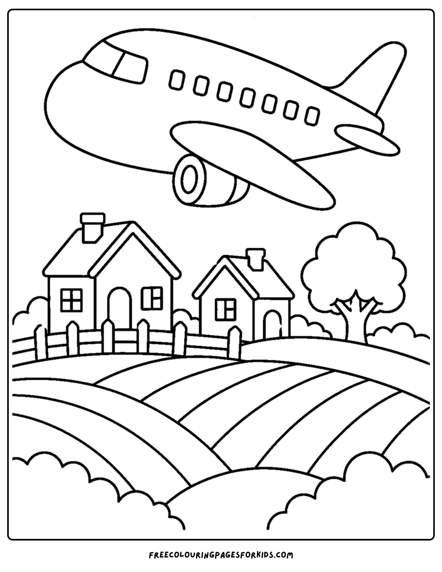a coloring page of a plane flying over a small village