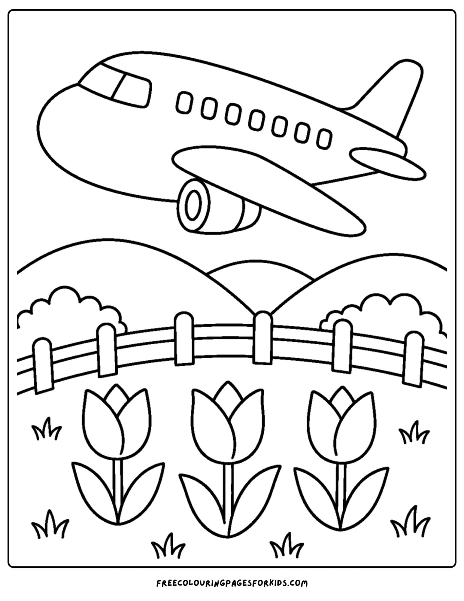 a coloring page of a plane flying over tulip fields