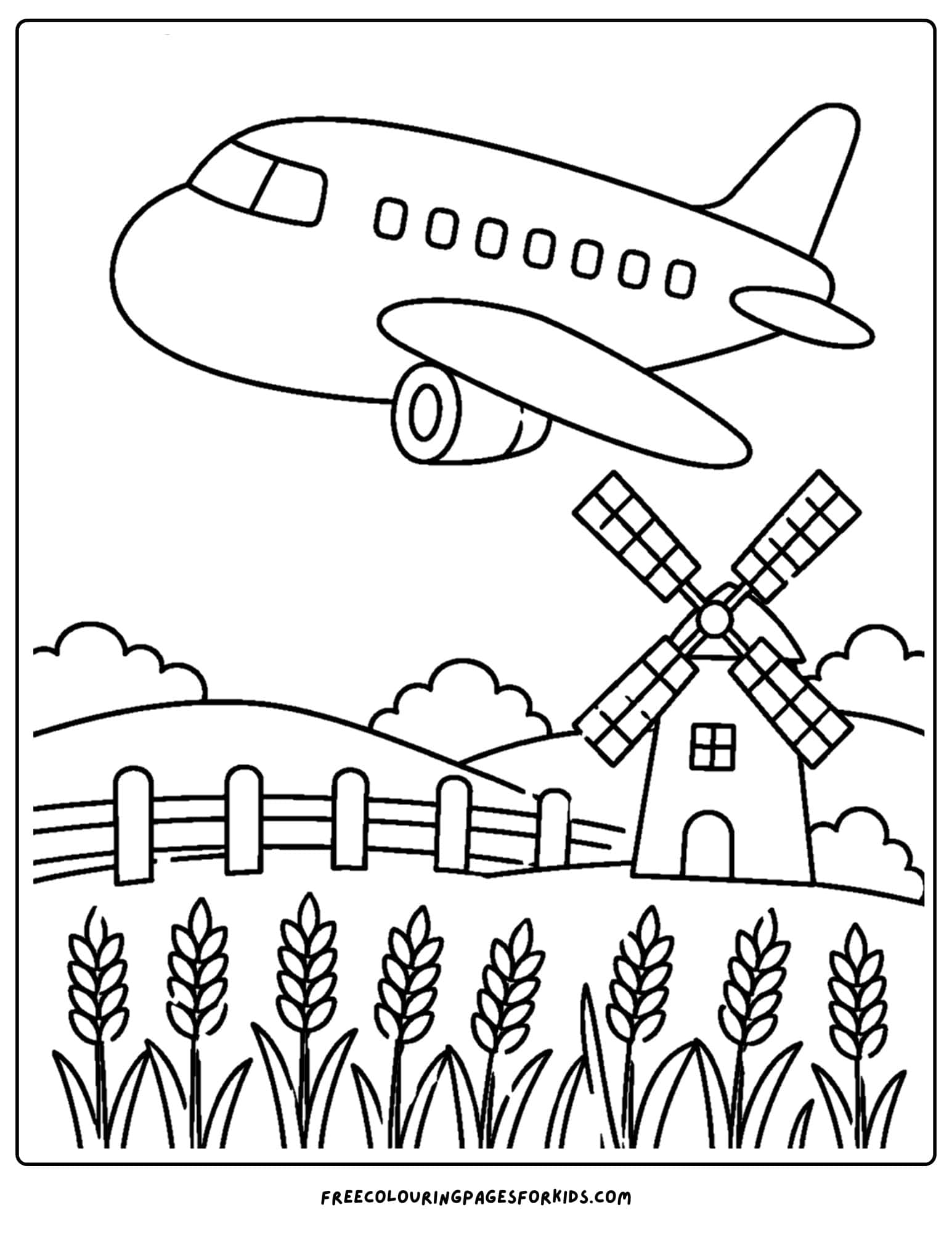 a coloring page of a plane flying over a windmill and wheat