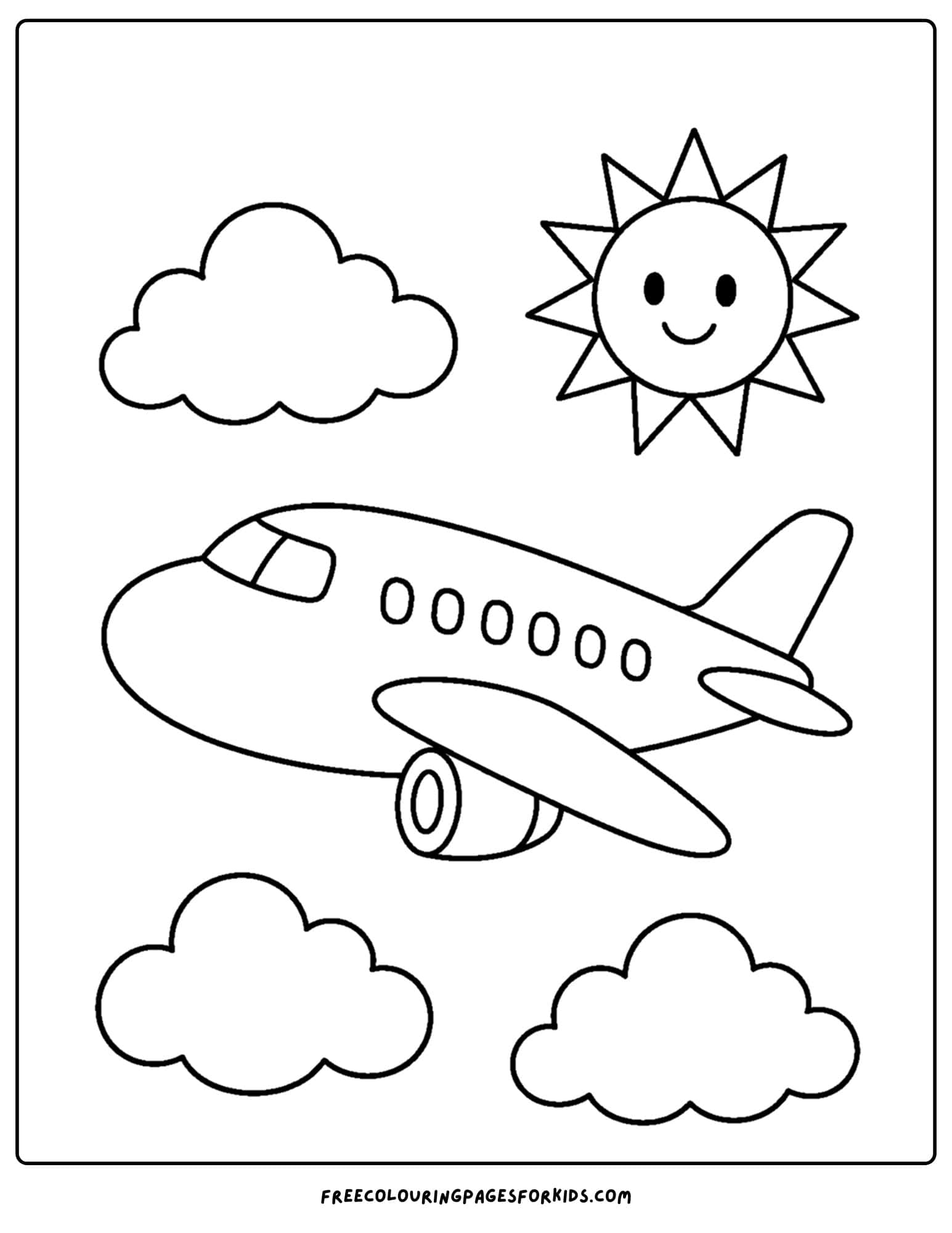 a coloring page of a plane flying amongst the clouds