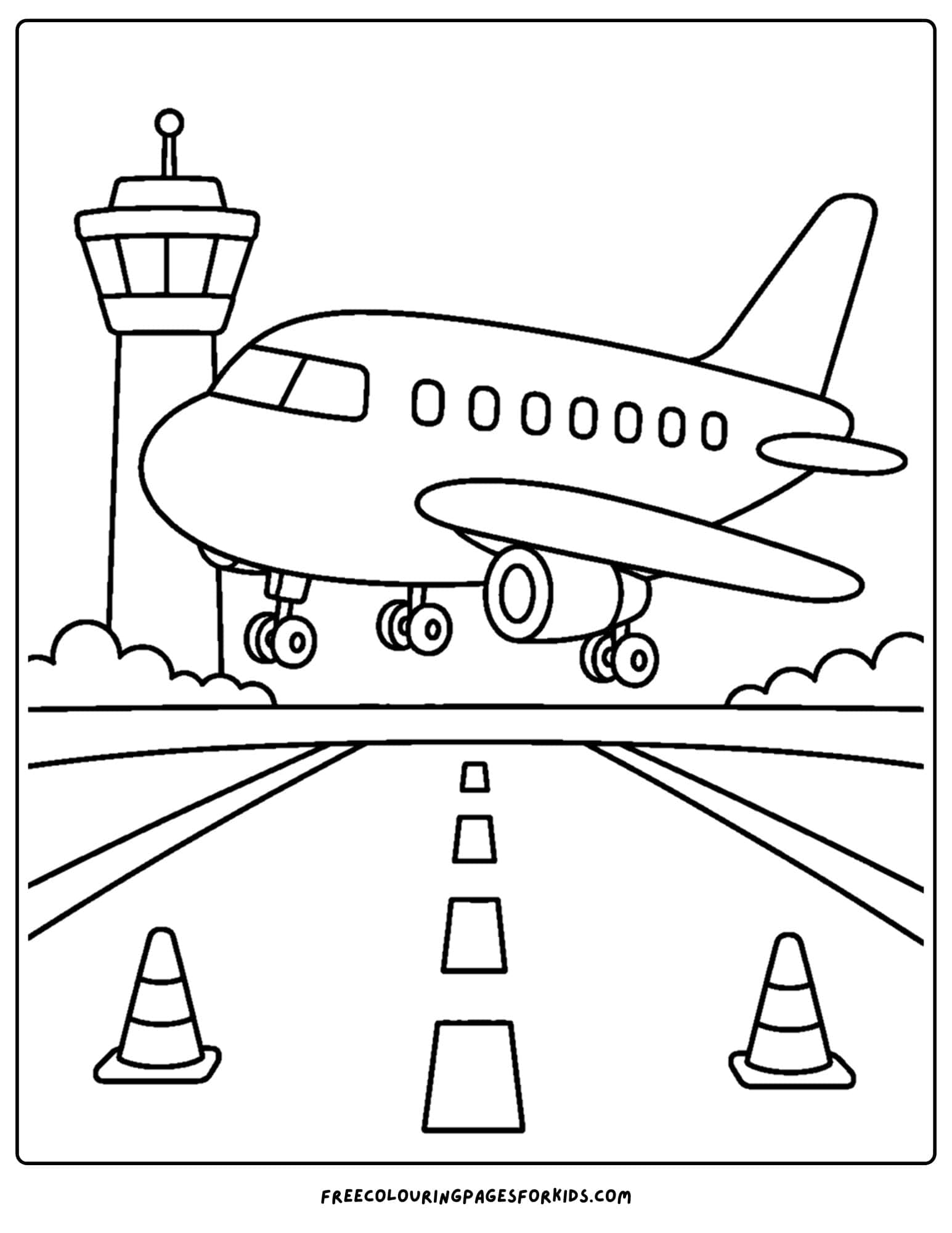 a coloring page of a plane approaching the runway to land