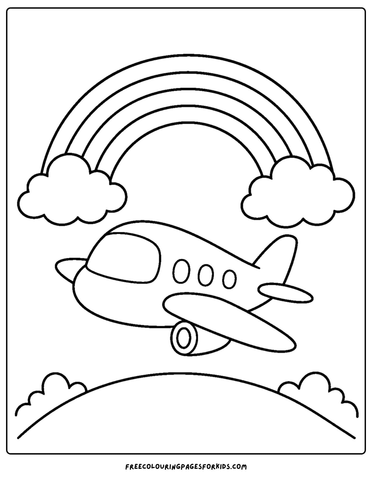 a coloring page of a plane flying under a rainbow
