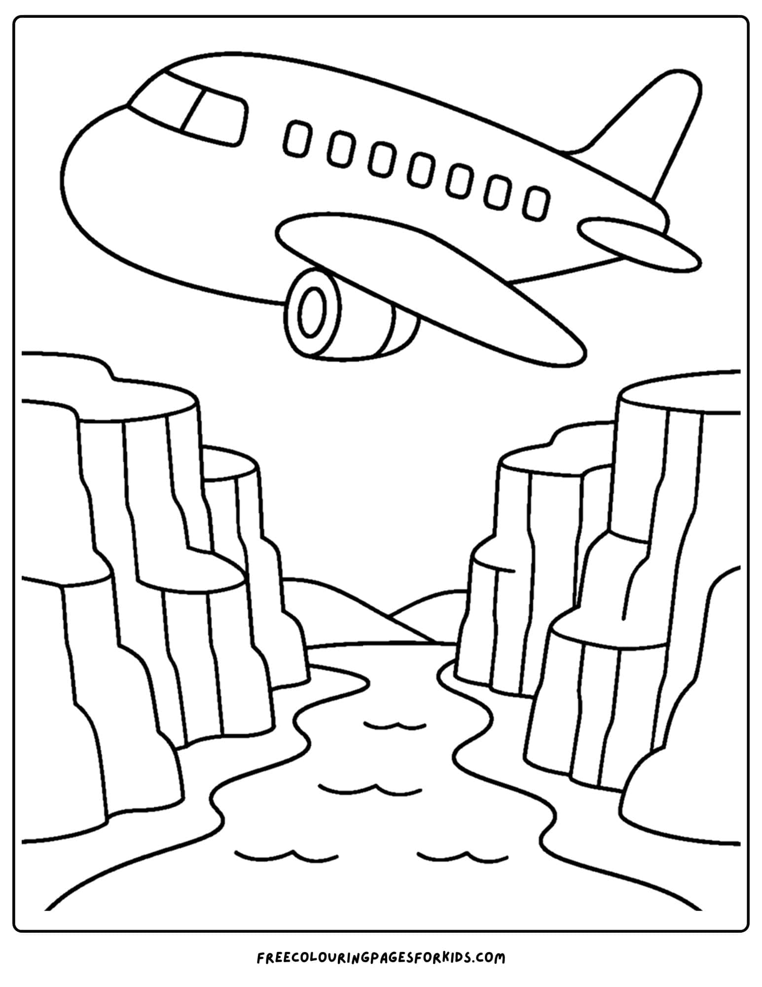 a coloring page of a plane flying over a canyon
