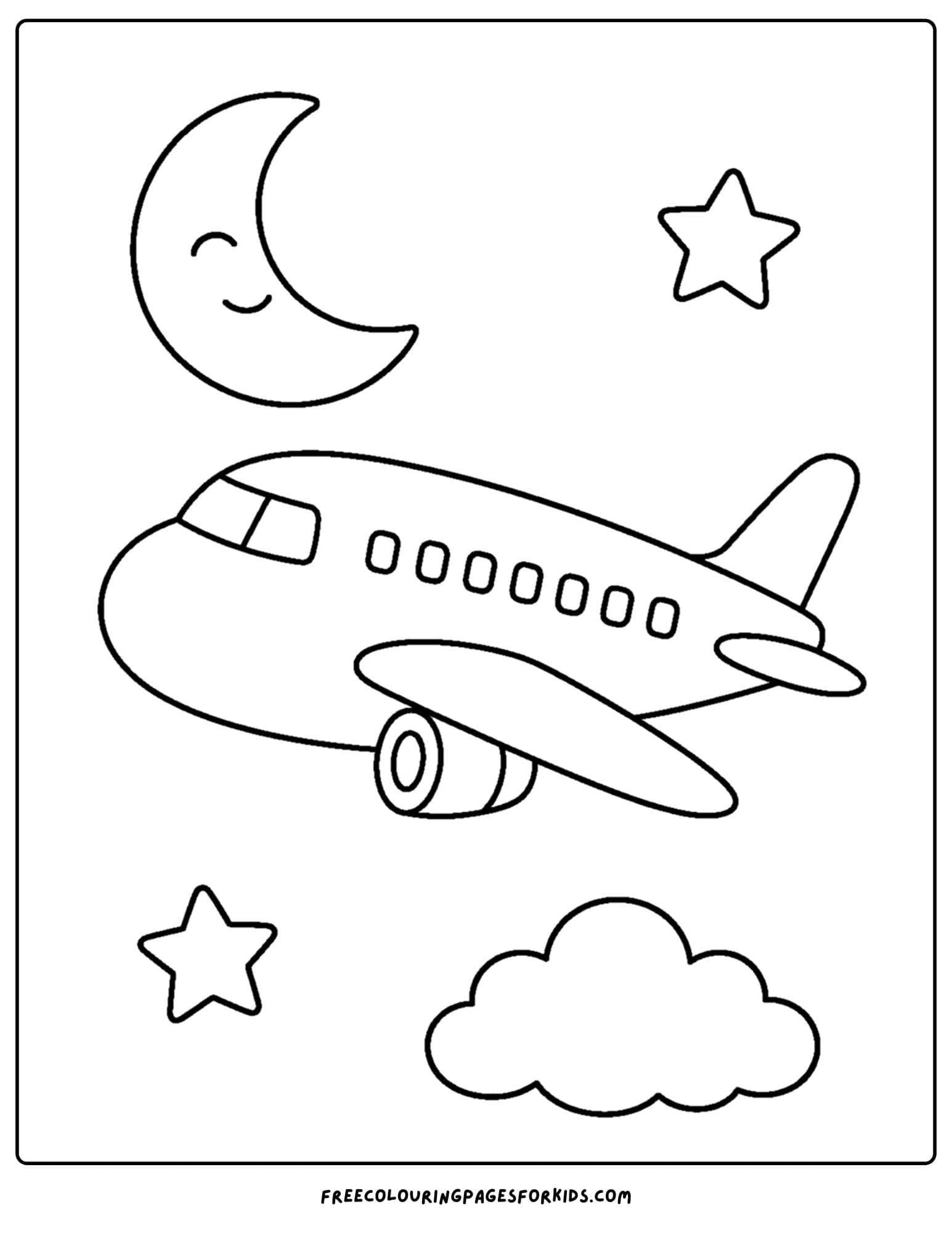 a coloring page of a plane flying at night with the moon