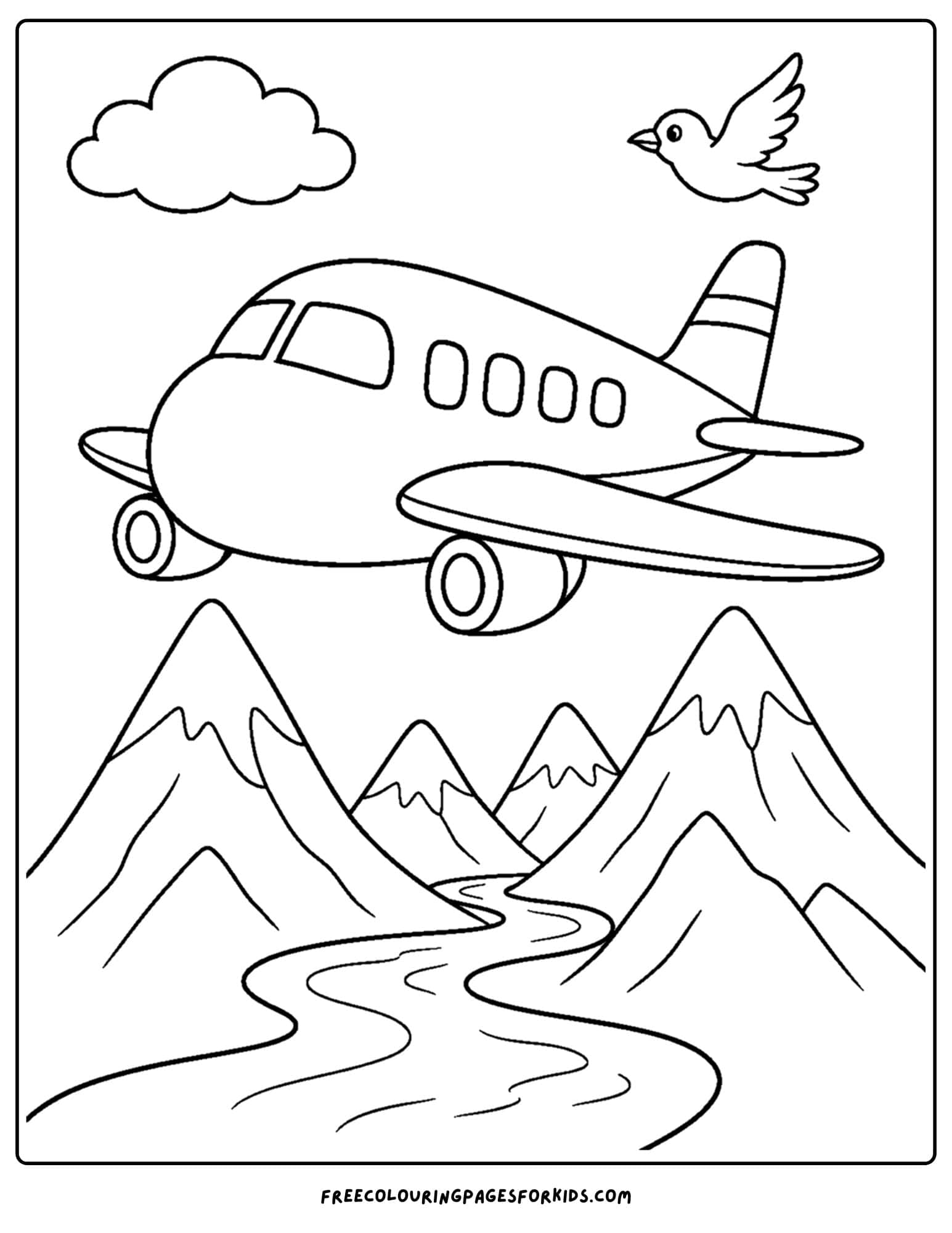 a coloring page of a plane flying over mountain peaks