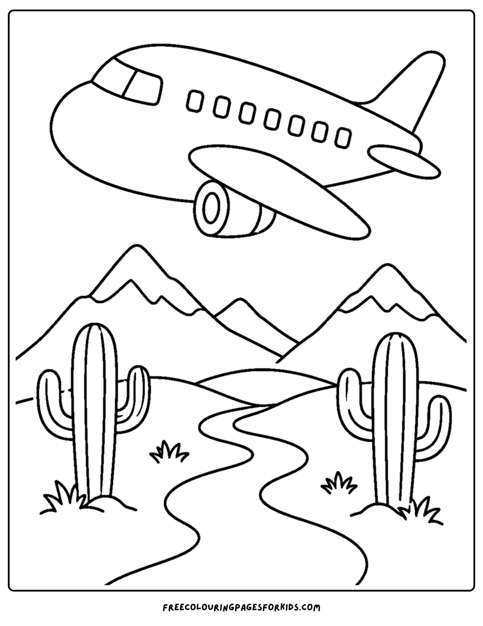 a coloring page of a plane flying over a desert