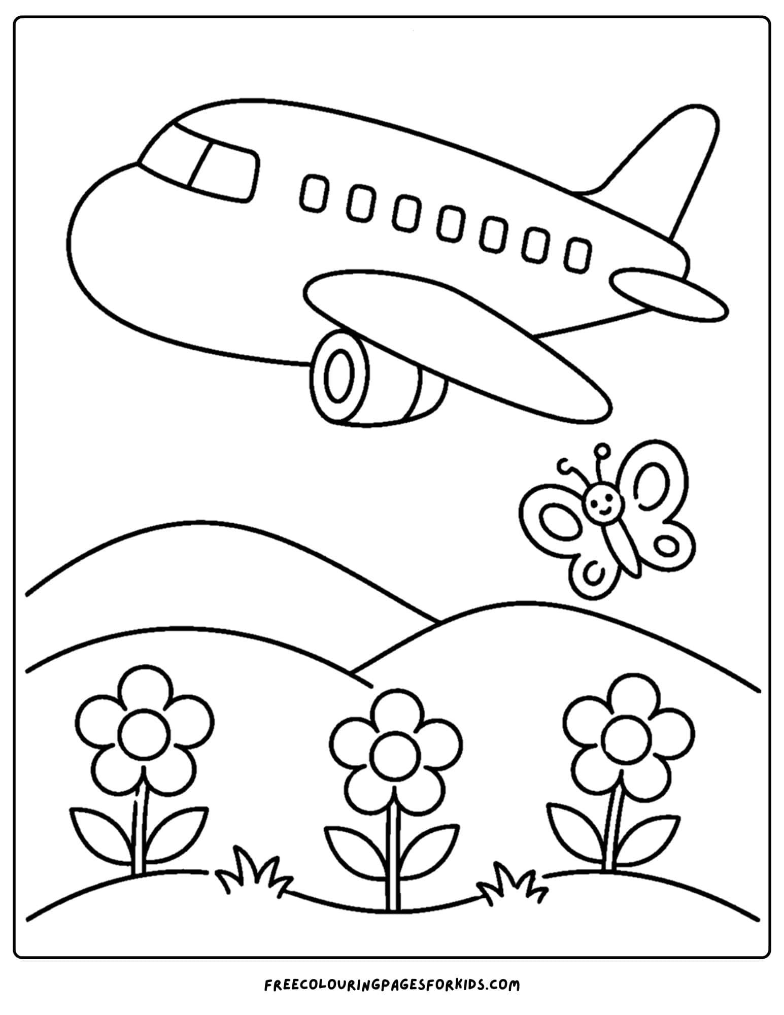 a coloring page of a plane flying over a mountain with flowers on it