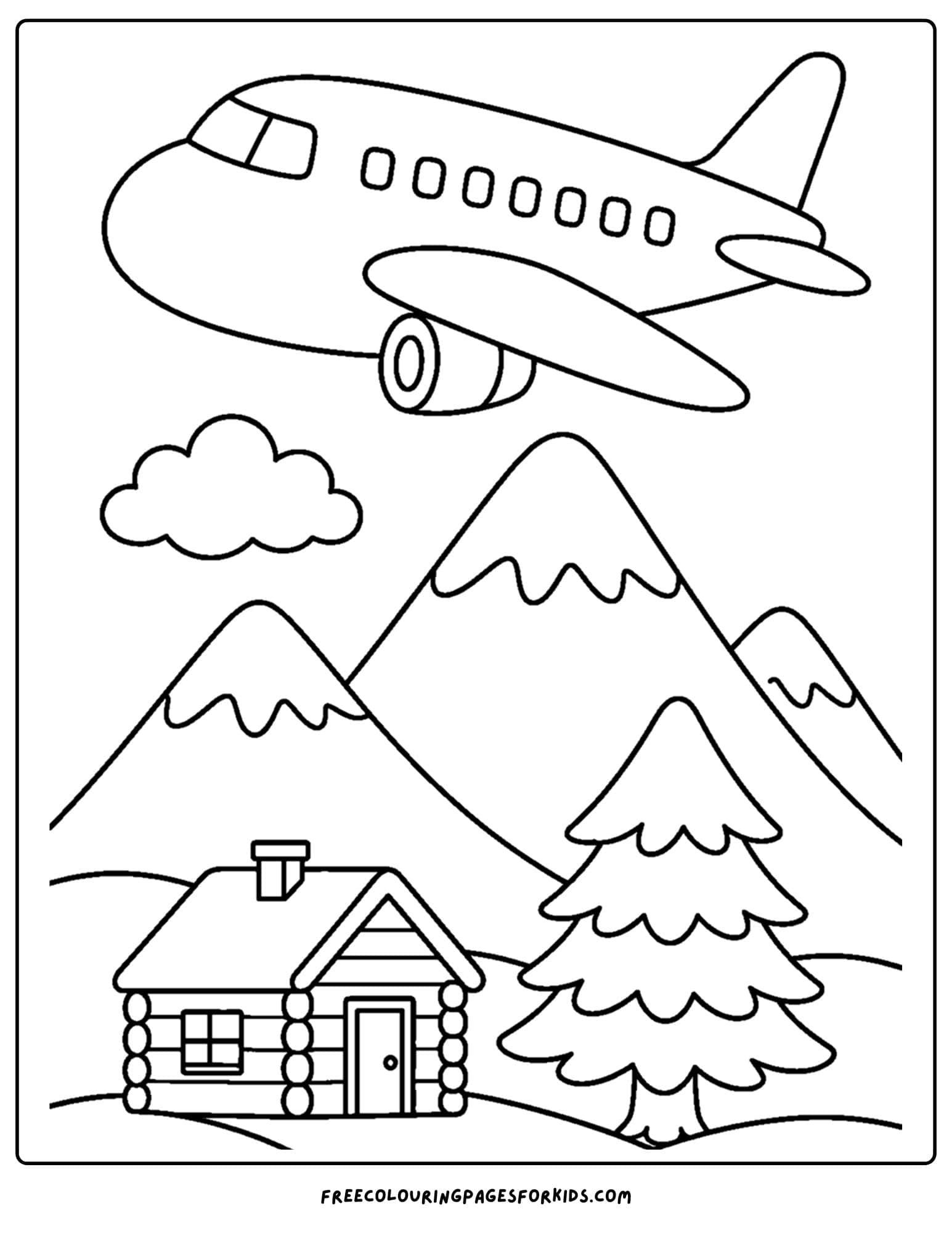 a coloring page of a plane flying over snowy mountains and a log cabin