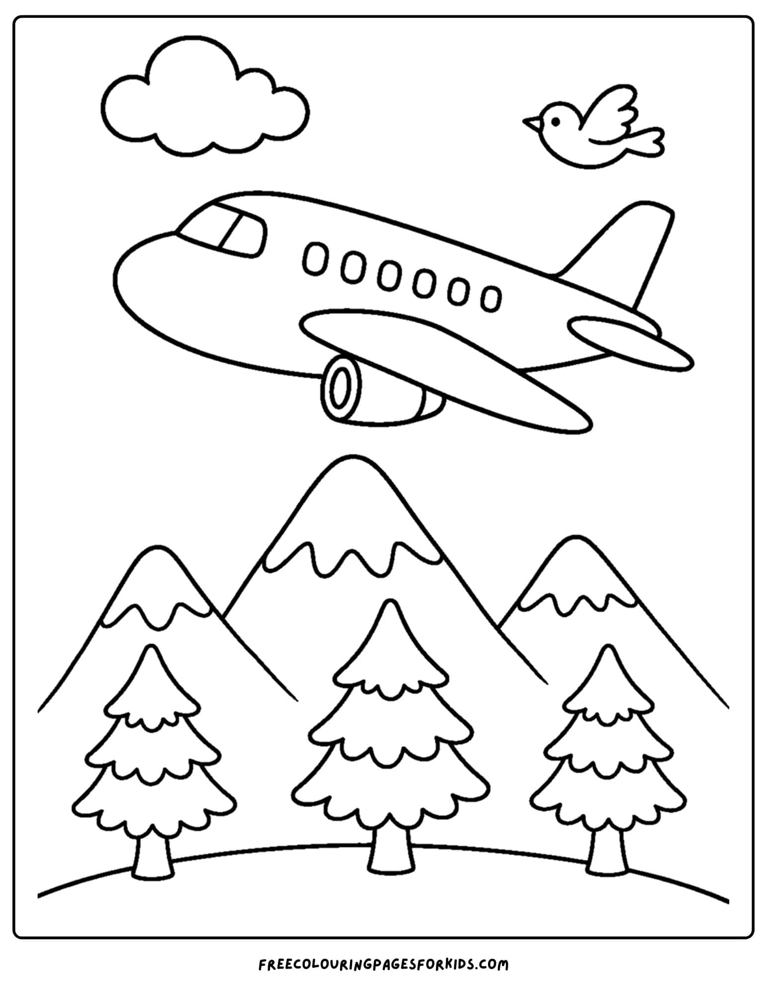 a coloring page of a plane flying over a forest