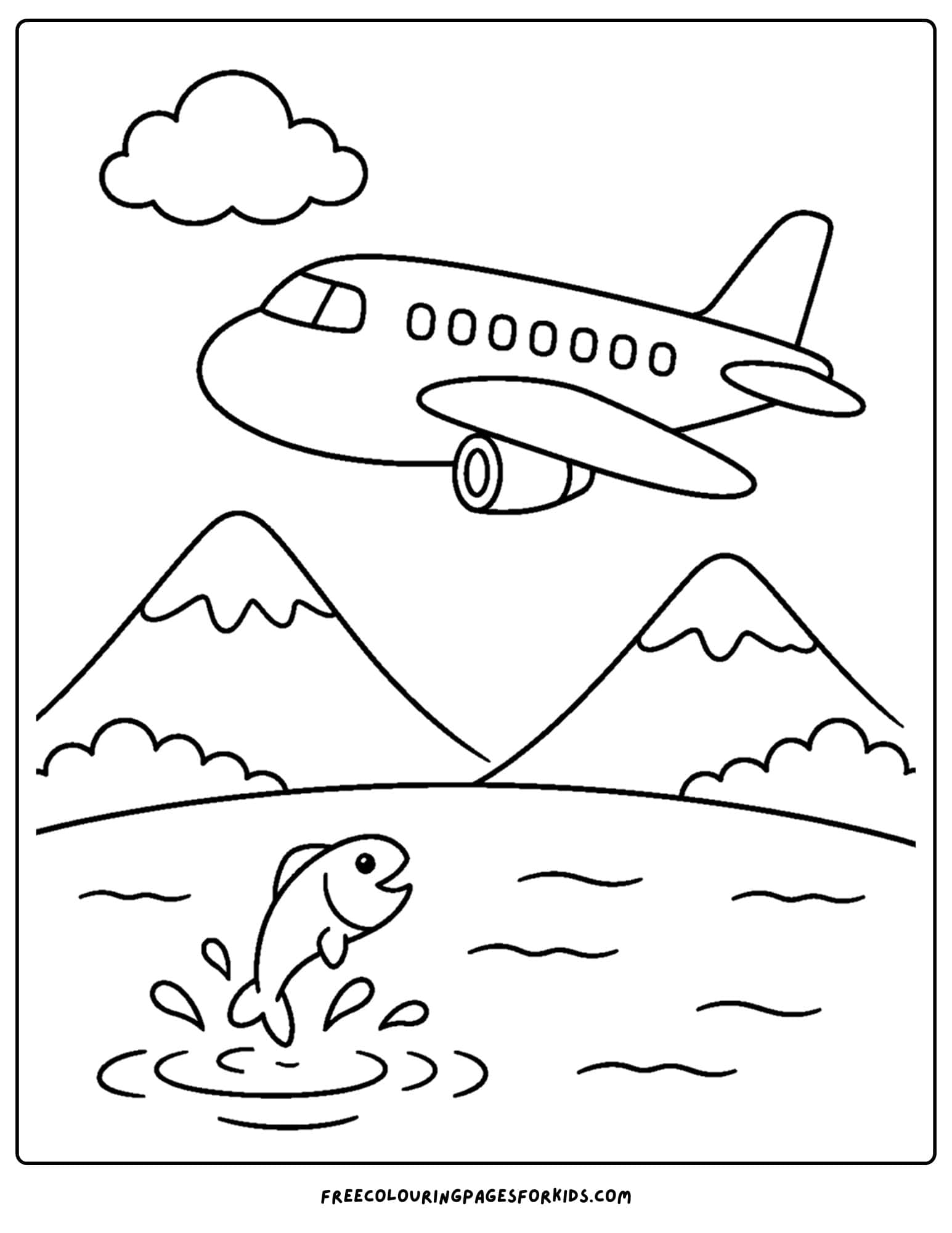 a coloring page of a plane flying over a lake and mountains