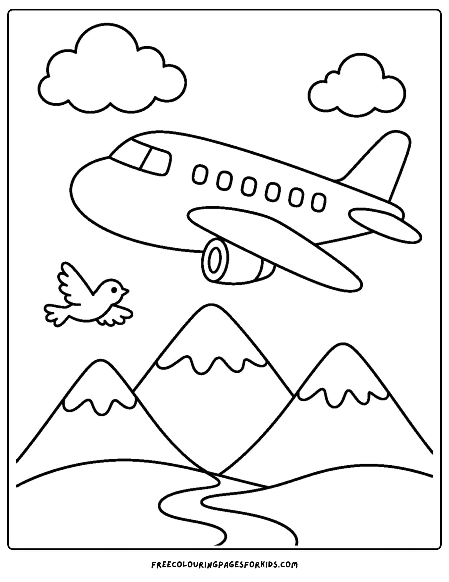 a coloring page of a plane flying over snow covered mountains