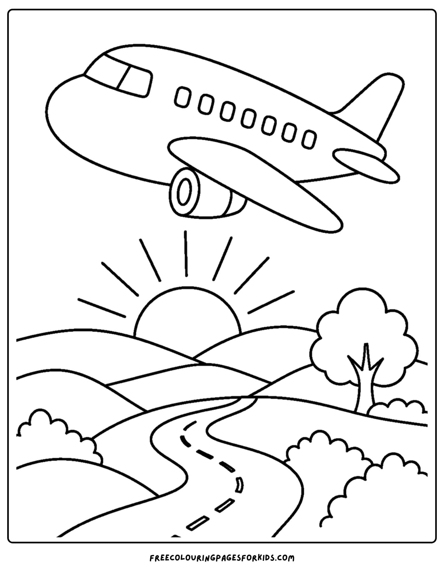 a coloring page of a plane flying at sunrise