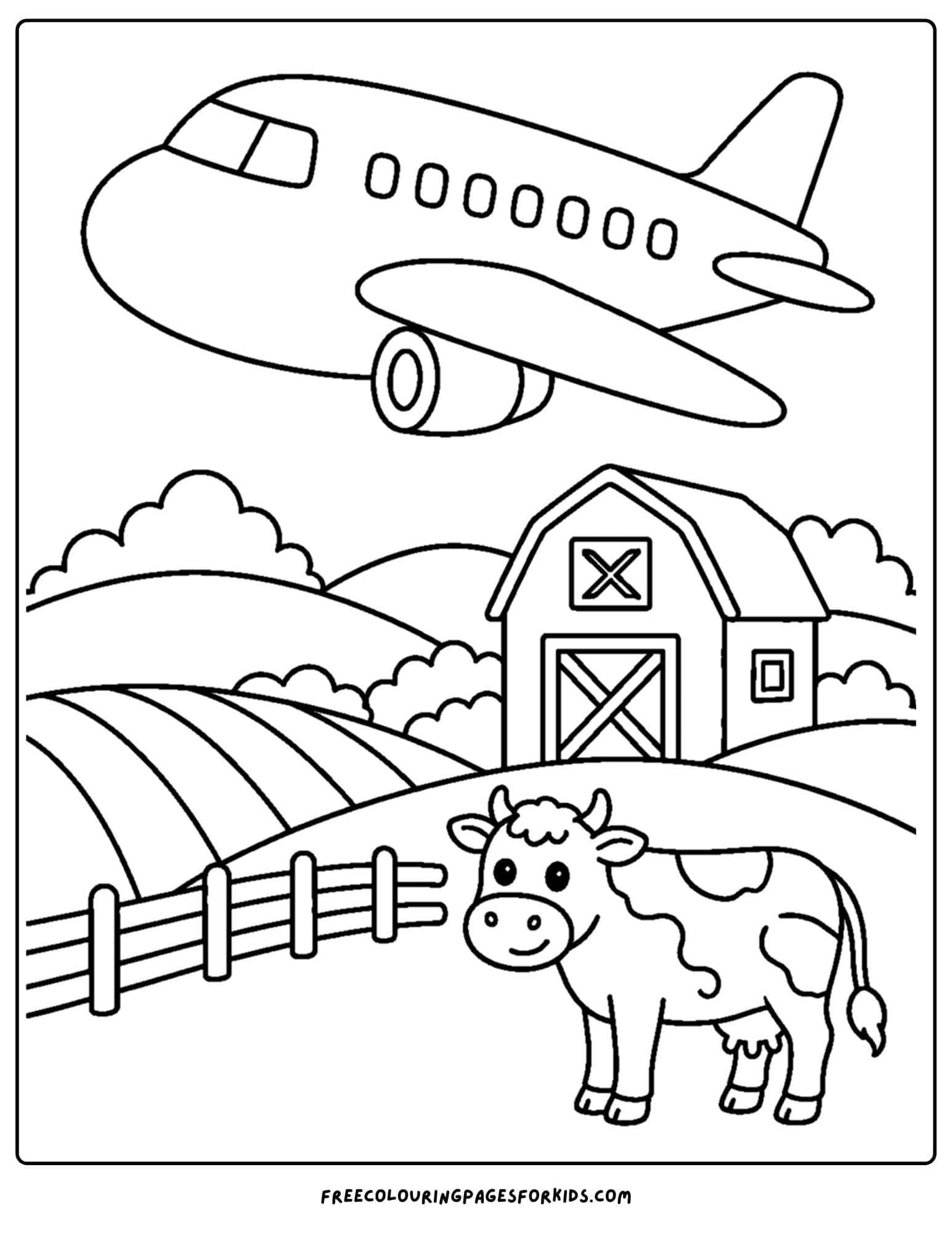 a coloring page of a plane flying over a farm