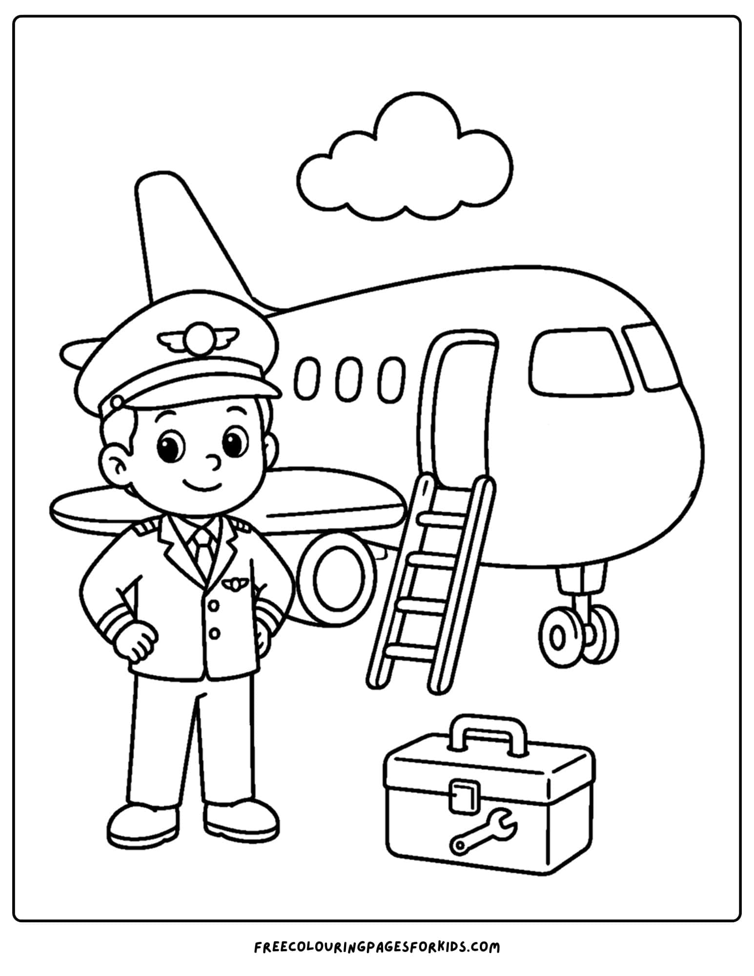 a coloring page of a plane with the pilot checking the plane