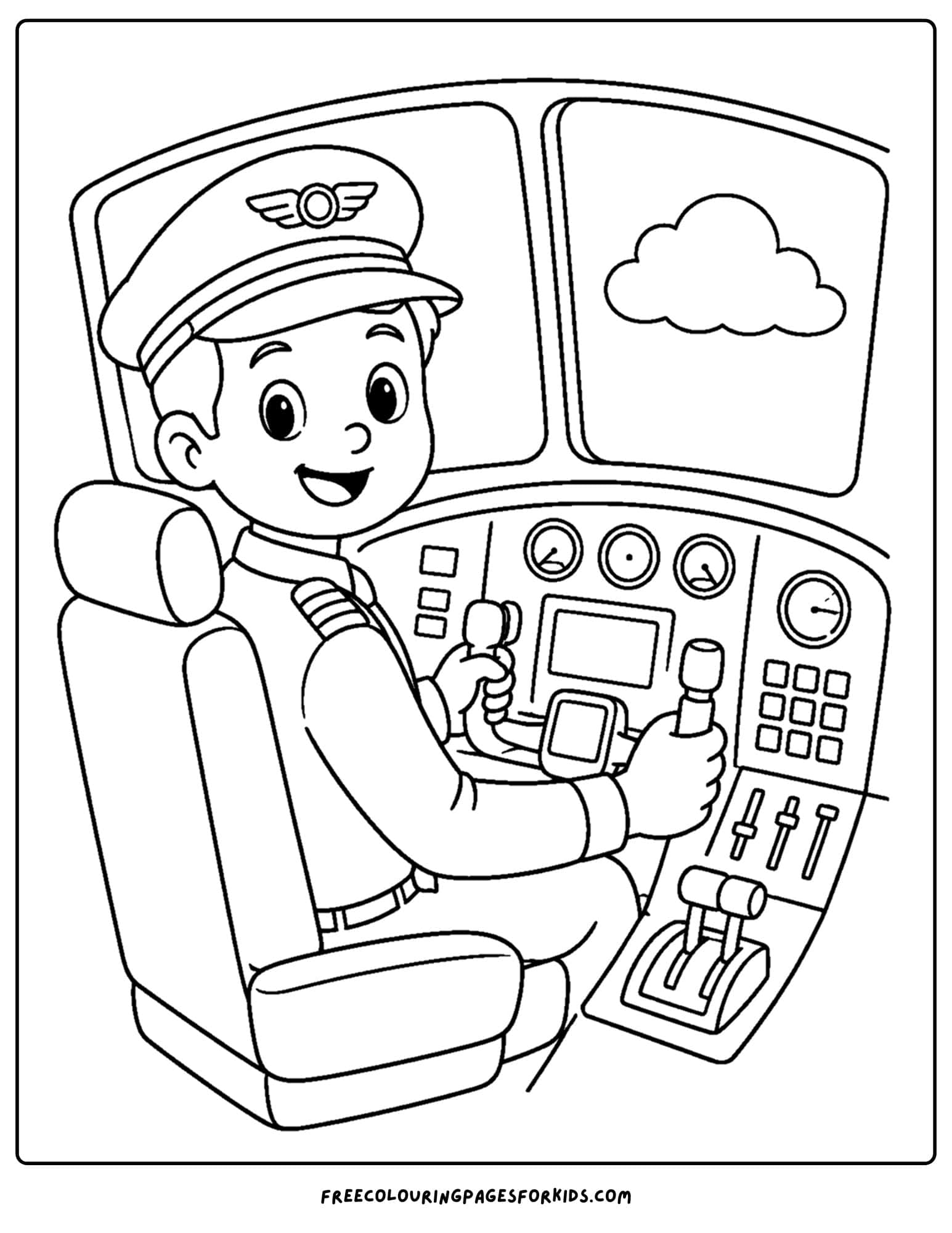a coloring page of a plane with the pilot in the cockpit with all the gauges and dials