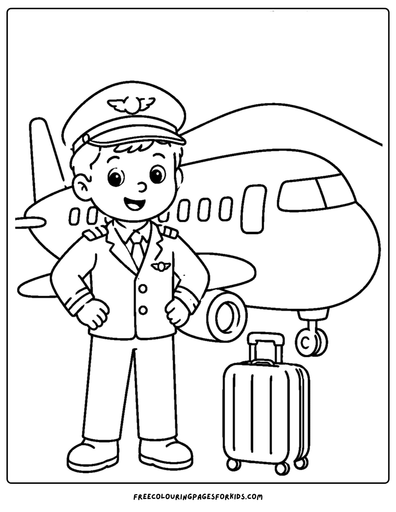 a coloring page of a plane with a pilot standing next to it