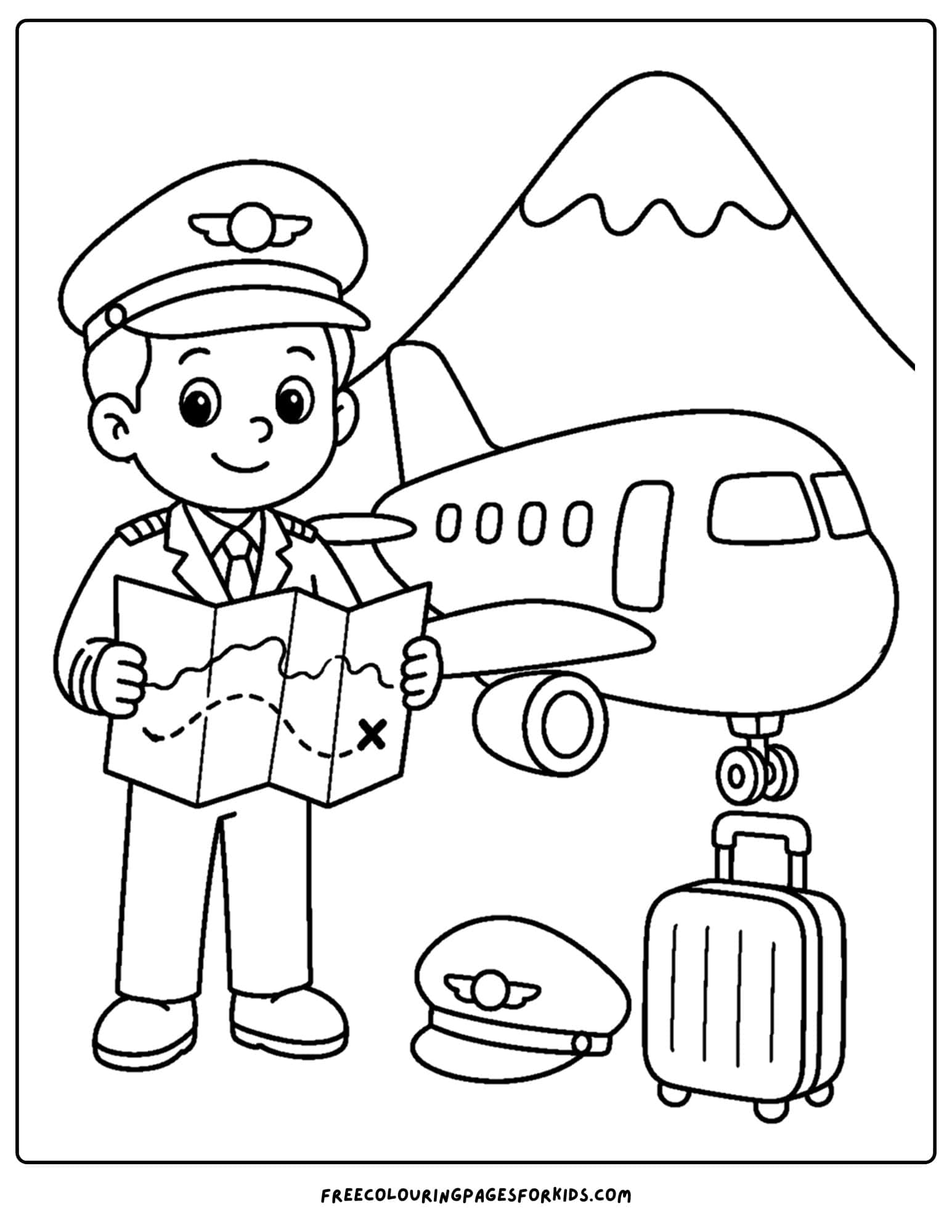 a coloring page of a plane with a pilot planning the journey with a map