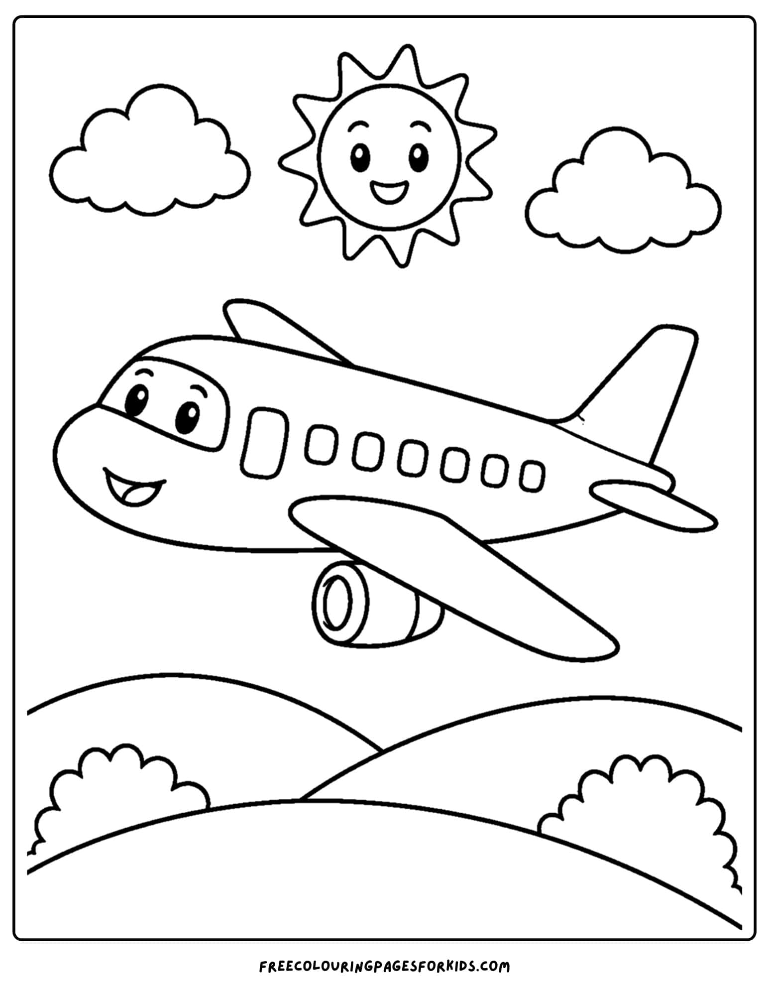 a coloring page of a plane flying over hills