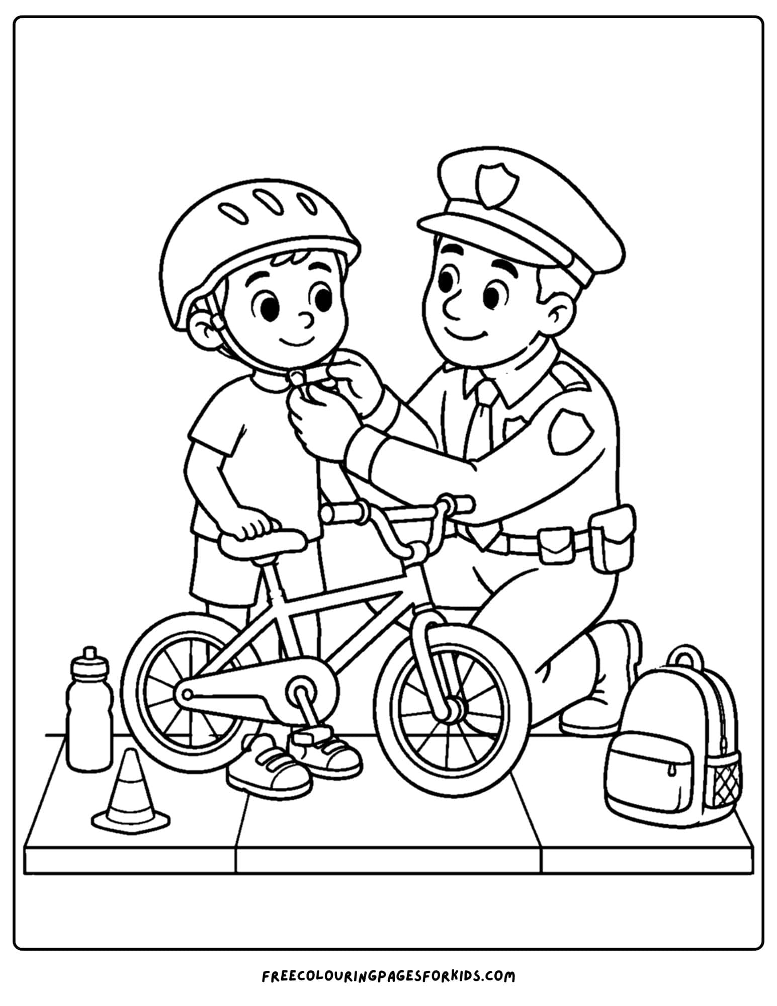a coloring page of a police officer fixing a childs bike helmet