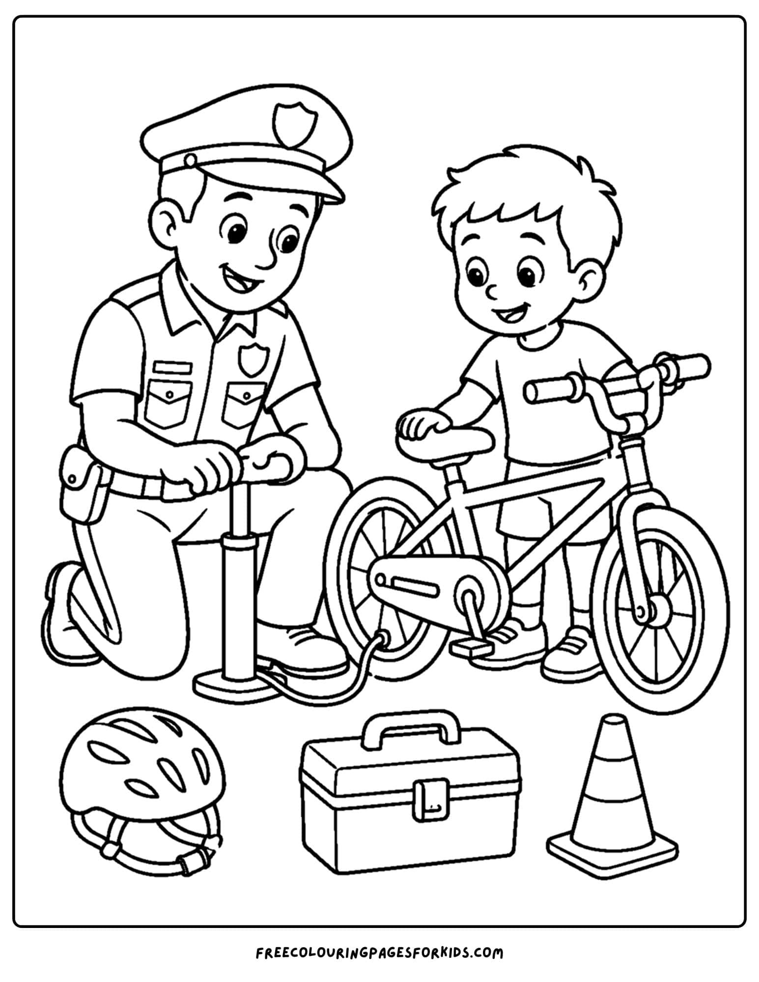 a coloring page of a police officer help a kid with their bike