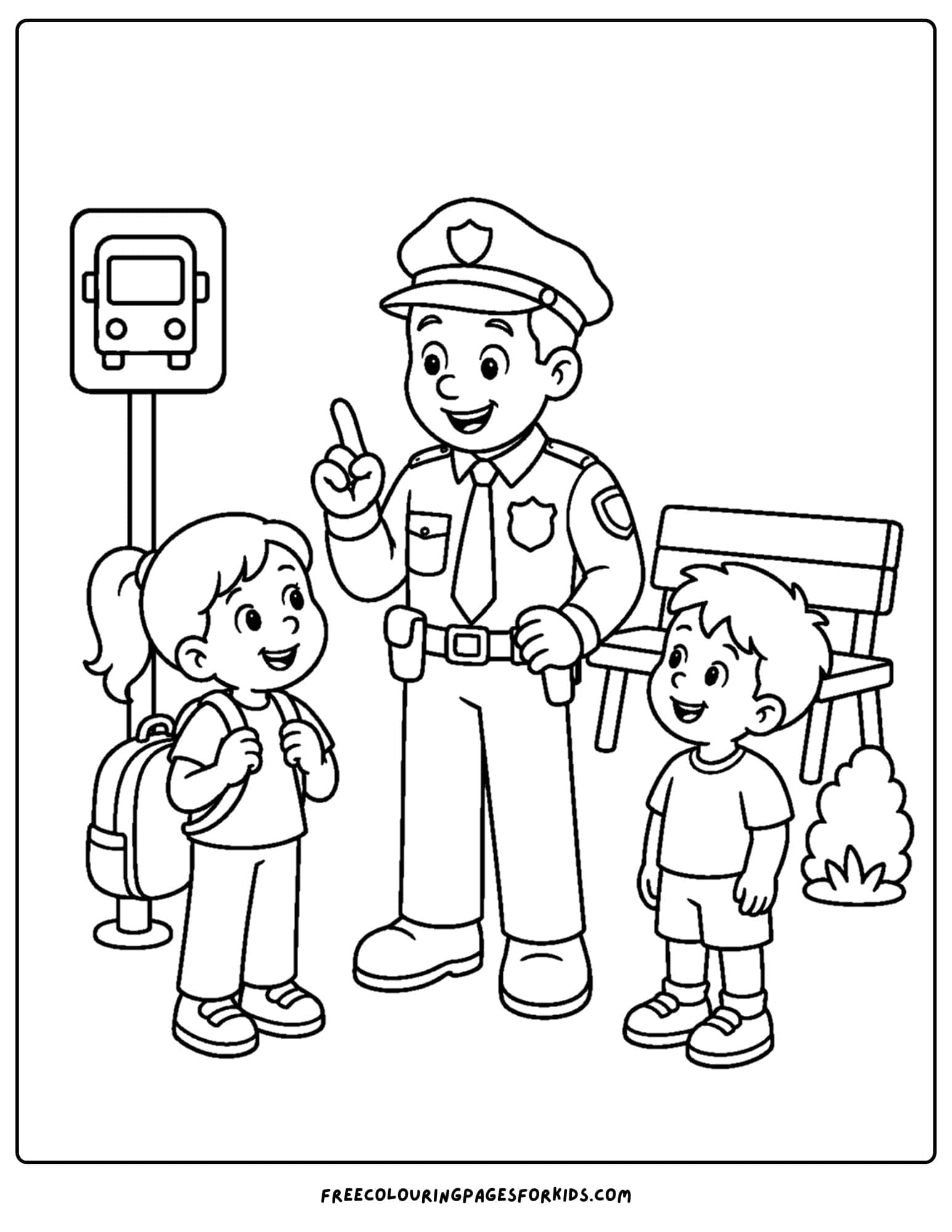 a coloring page of a police officer teaching safety at the bus stop