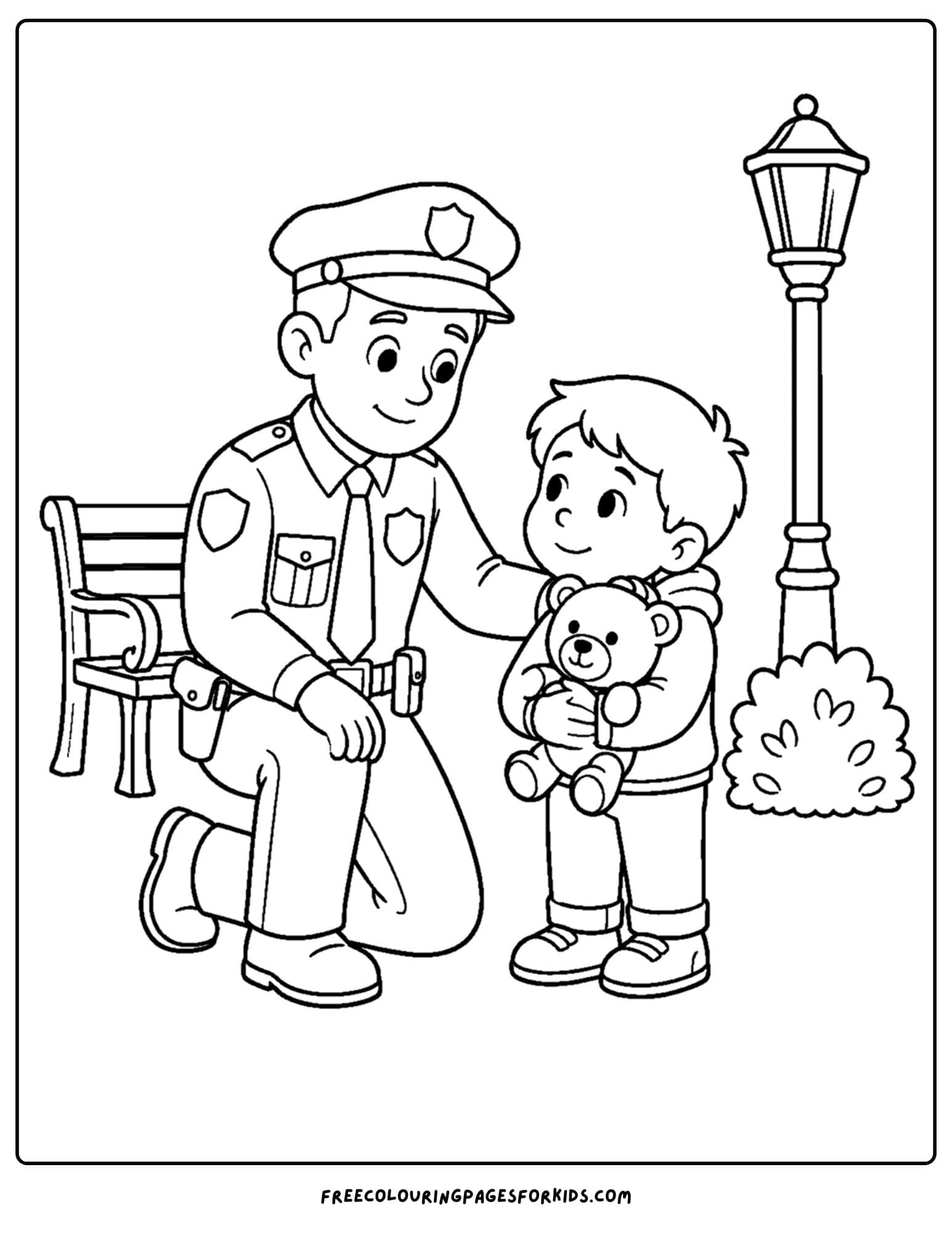 a coloring page of a police officer comforting a lost child