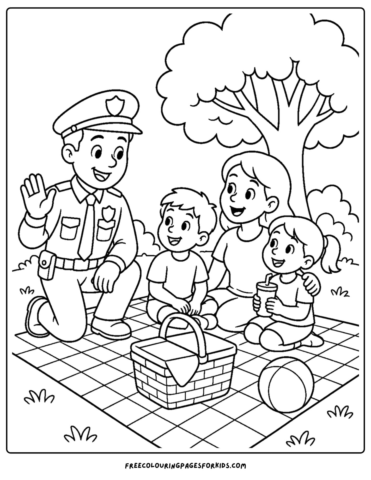 a coloring page of a police officer visiting a community picnic